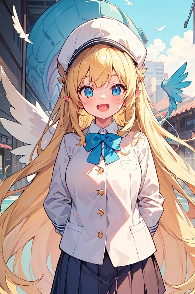 1girl,((harpy girl)), (blonde hair,messy hair, ultra long hair, harpy bird ears, harpy bird wings), big female-melons, school blazer uniform, baseball-cap, open mouth smile,   (Voice:Miku Ito),masterpiece,best quality,ultra detailed, very aesthetic, hyper cute line style illustration, 