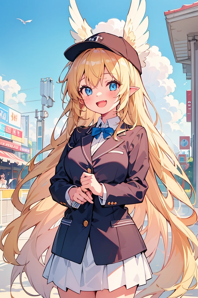 1girl,((harpy girl)), (blonde hair,messy hair, ultra long hair, harpy bird ears, harpy bird wings), big female-melons, school blazer uniform, baseball-cap, open mouth smile,   (Voice:Miku Ito),masterpiece,best quality,ultra detailed, very aesthetic, hyper cute line style illustration, 