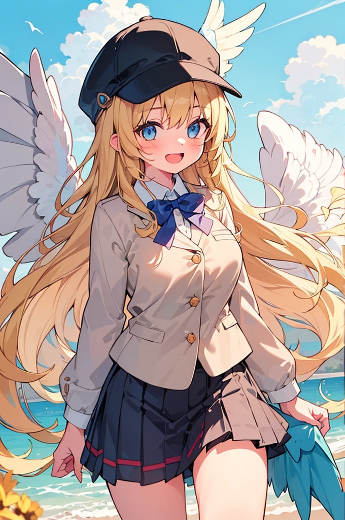 1girl,((harpy girl)), (blonde hair,messy hair, ultra long hair, harpy bird ears, harpy bird wings), big female-melons, school blazer uniform, baseball-cap, open mouth smile,   (Voice:Miku Ito),masterpiece,best quality,ultra detailed, very aesthetic, hyper cute line style illustration, 