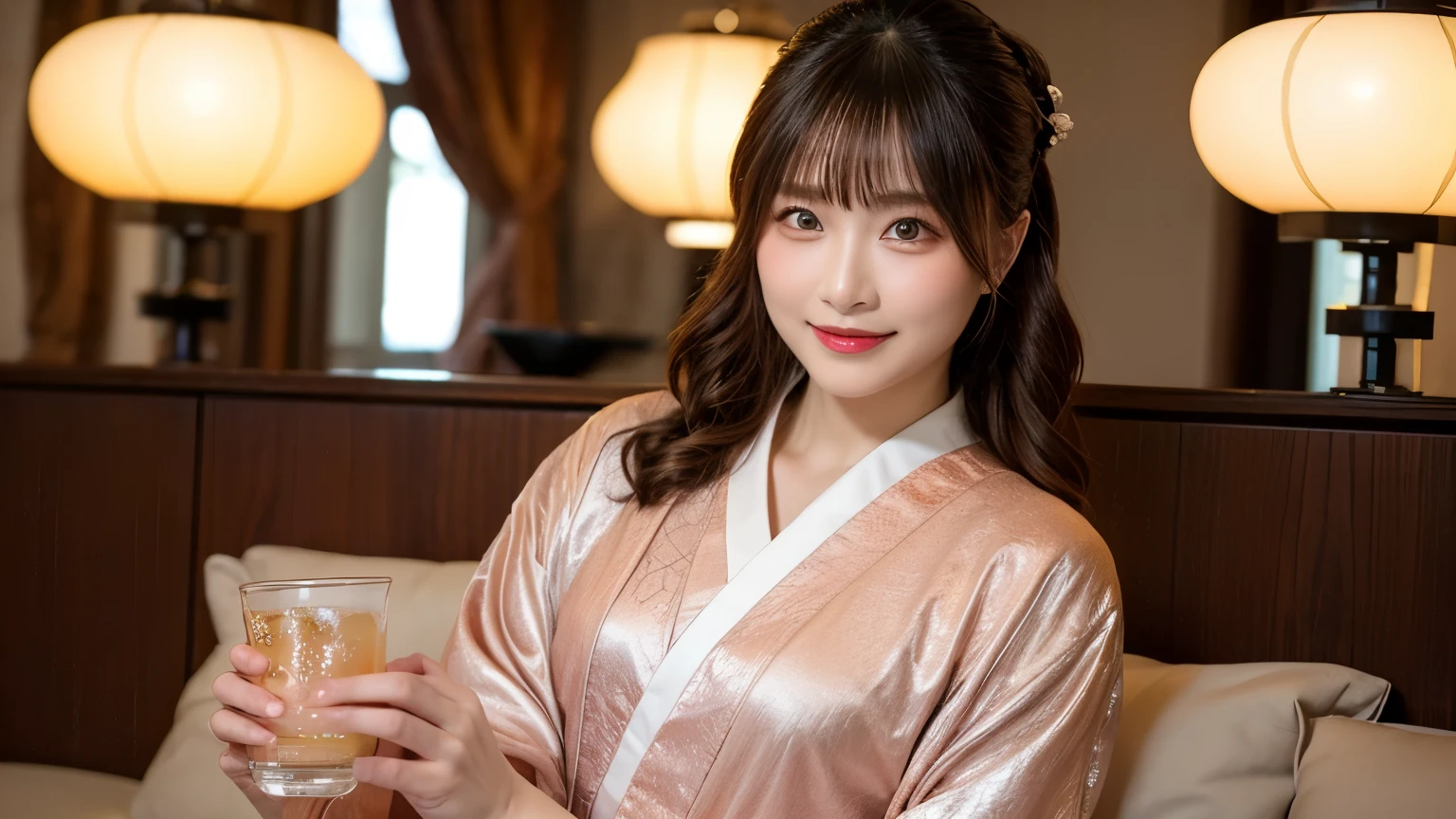 A refined lounge space with a harmonious atmosphere, softly lit by a chandelier. A beautiful slendar woman wearing a stunning kimono with elegant patterns, seated on a luxurious wooden sofa. She is holding a sake cup delicately, sipping it with a serene smile, while the table in front of her displays small plates of food and a sake bottle, blending traditional Japanese culture with modern sophistication. {realistic photo style}, {cinematic}, {dramatic}