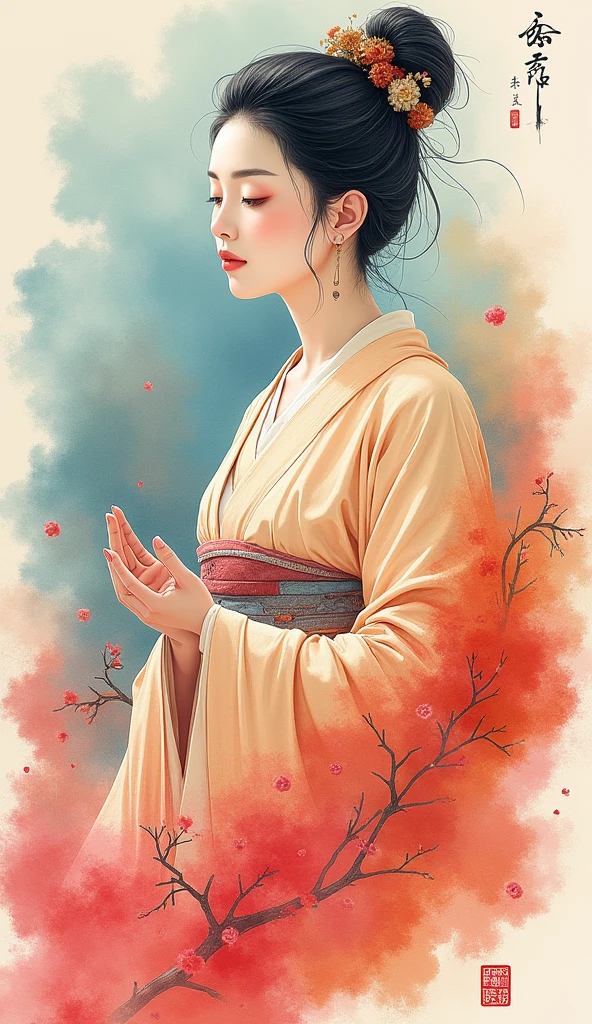 Ink painting、Watercolor、 vivid colors、Jimo Kannon 、The appearance of a gentle and gentle woman、Ink paintingとWatercolorの融合、 illustration art、