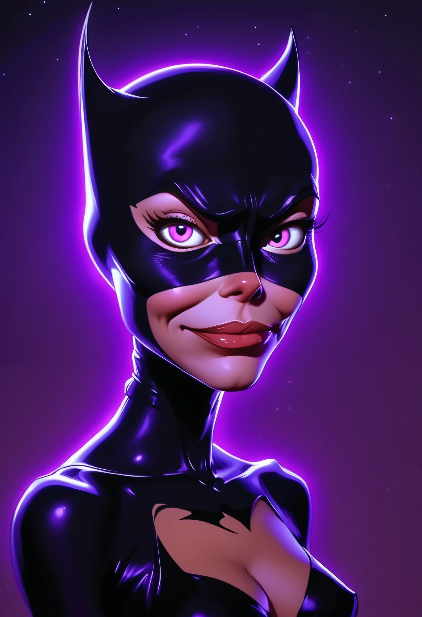 a cartoon caricature of Cat Woman with soft smile on face under the moonlight, hot body, portrait, exaggerated features with a large nose and big eyes, ((glowing purple light)).