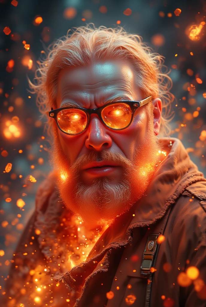 (best quality, 128k, highres, masterpiece:1.2), ultra-detailed, (realistic, photorealistic, photo-realistic:1.37), ((masterpiece)) ((photography)) ((Highest quality)) A dynamic kinetic-style illustration of a chubby bearded man wearing glasses, depicted as a pyromaniac setting fires everywhere. The scene is chaotic, with vibrant flames and embers swirling around him, creating a sense of motion and energy. His expression is wild and mischievous, with intense lighting from the flames reflecting on his glasses. The background is a blend of dark tones and fiery hues, emphasizing the dramatic and destructive atmosphere.