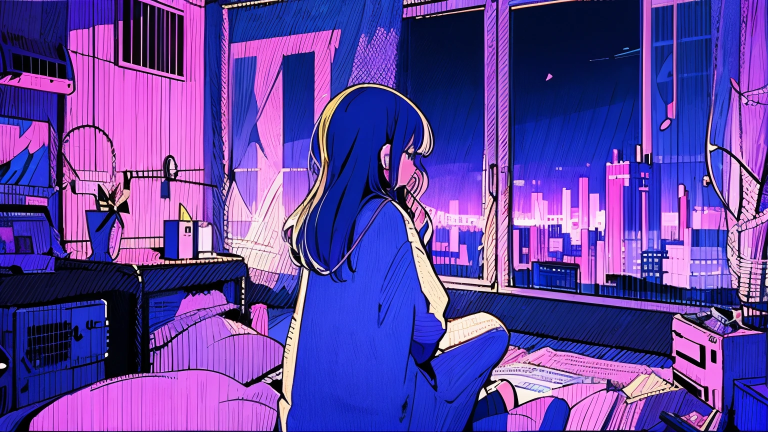 Anime girl sitting on a bed in a room with a city view - SeaArt AI