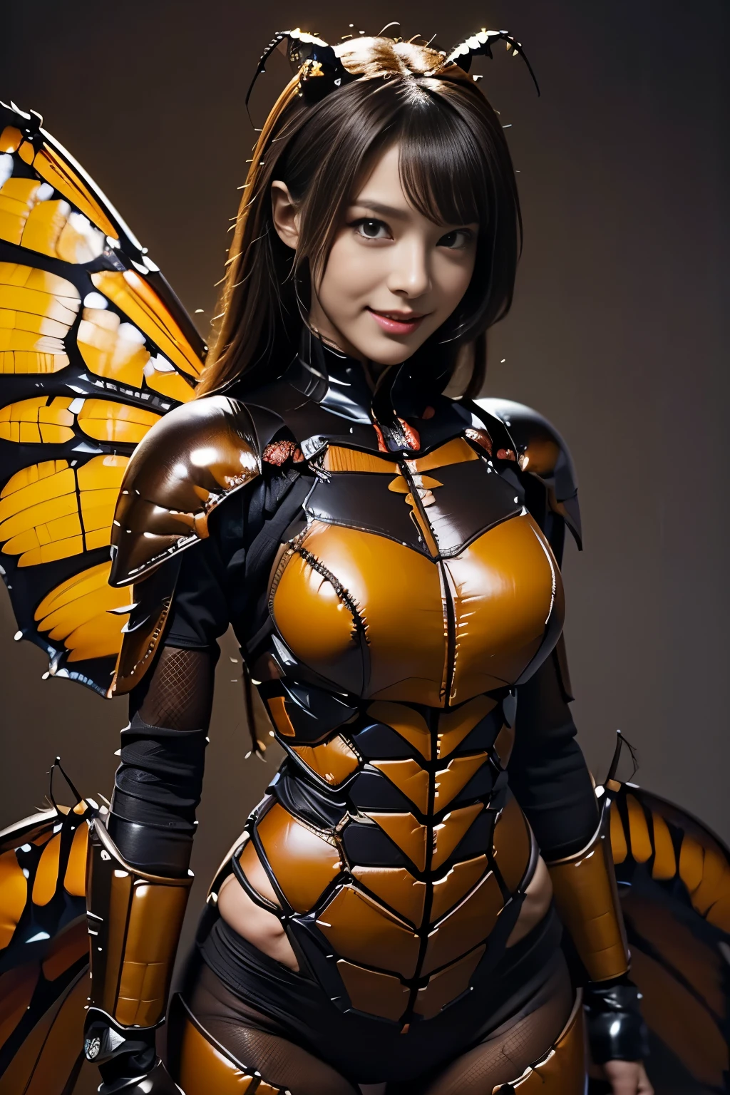 (high resolution,masterpiece,best quality,extremely detailed CG, anime, official art:1.4), realistic, photo, amazing fine details, all intricate, gloss and shiny,awesome many layers, 8k wall paper, 3d, sketch, kawaii, illustration,( solo:1.4), perfect female proportion,villainess, (fusion of dark brown cockroach and lady:1.4), (brown cockroach form lady:1.2), (brown cockroach lady:1.2), (fusion:1.2), (solo:1.4), (evil smile:1.2), muscular, abs, (cockroach brown exoskeleton bio insect suit:1.4), (cockroach brown exoskeleton bio insect armor:1.2), (brown transparency cockroach wing:1.4), (brown cockroach antennae:1.3),