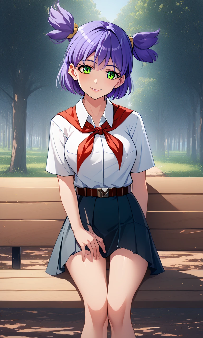 1 girl, 2 heads, purple hair, ponytails, bob, green hair, Lena, white blouse, blue skirt, red pioneer tie, fused, dicephalic, sitting on a bench, holding a book masterpiece), best quality, score_7_up, score_8_up, score_9, source_anime, 
BREAK, 
1girl, three heads, solo, lena, short hair, purple hair, twintails, short twintails, two side up, green eyes, medium breasts, adult, smile, smooth body, shiny skin, perfect face, detailed eyes, 
BREAK, 
white shirt, collared shirt, short sleeves, breast pockets, red neckerchief, belt, blue skirt, pleated skirt, arms behind back, pose, 
BREAK, 
tree, bush, path, visual novel background, CG background, day, forest, outdoor scenery, detailed background, sharp-focus, super detail, 
BREAK, 
vibrant colors, intricate, ornate, stunning, highly detailed, dehazed, atmospheric, highres, cowboy shot, from below, from front, 