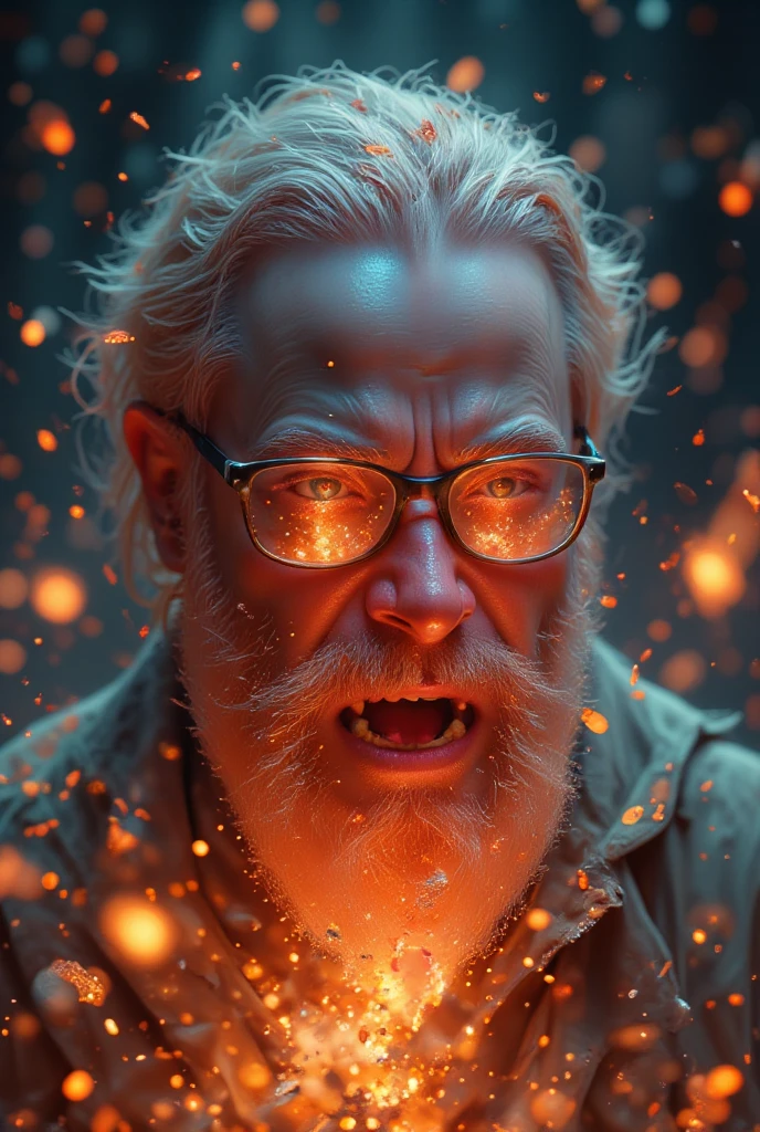 (best quality, 128k, highres, masterpiece:1.2), ultra-detailed, (realistic, photorealistic, photo-realistic:1.37), ((masterpiece)) ((photography)) ((Highest quality)) A dynamic kinetic-style illustration of a chubby bearded man wearing glasses, depicted as a pyromaniac setting fires everywhere. The scene is chaotic, with vibrant flames and embers swirling around him, creating a sense of motion and energy. His expression is wild and mischievous, with intense lighting from the flames reflecting on his glasses. The background is a blend of dark tones and fiery hues, emphasizing the dramatic and destructive atmosphere.