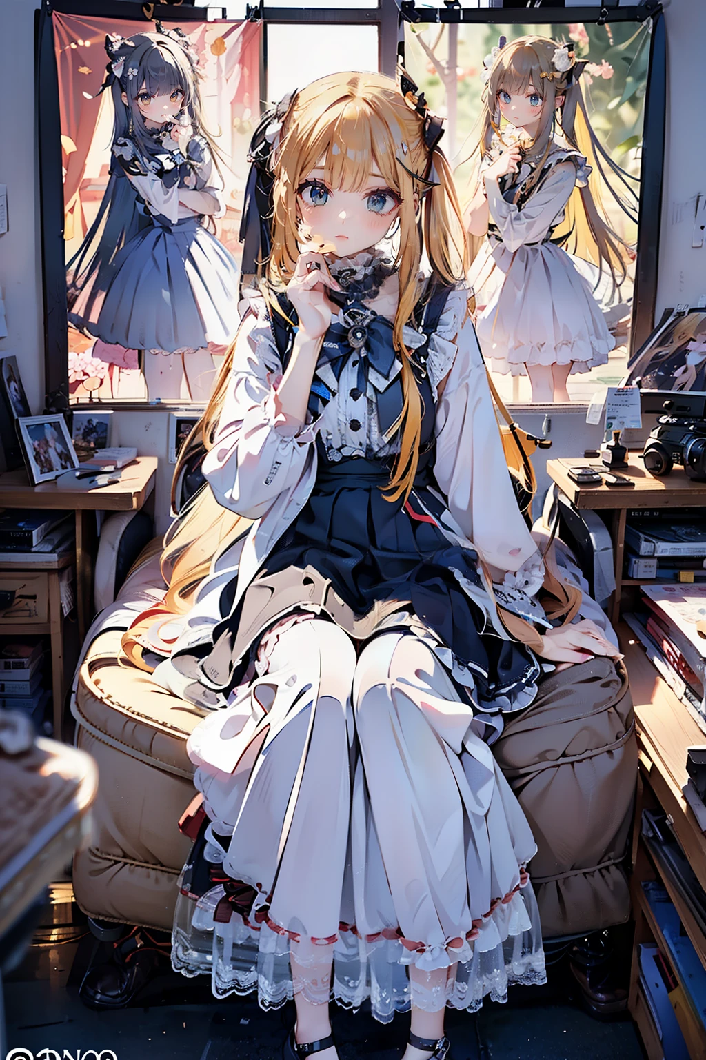 .(Highest quality,4K,High resolution,masterpiece:1.2),Full body view、Head to toe composition、Very detailed,Realistic:1.37, an incredible masterpiece of art, Produced in the highest quality and resolution (4K, High resolution, Highest quality:1.2). The image is very detailed., Displaying a fascinating level of complexity. The focus is on the eyes and face, Very detailedな目で、Fascinating and full of life。. Lips are beautifully made, Adds elegance to the overall composition. length, Captivating eyelashes enhance the beauty of your eyes. Lighting is complicated, Carefully designed shadows and highlights create depth and dimension.. The colors are vibrant and lively, Enhance the realism of your images. This artwork is a true expression of photorealism, paying meticulous attention to detail , girl , university student , Blonde, Long Hair