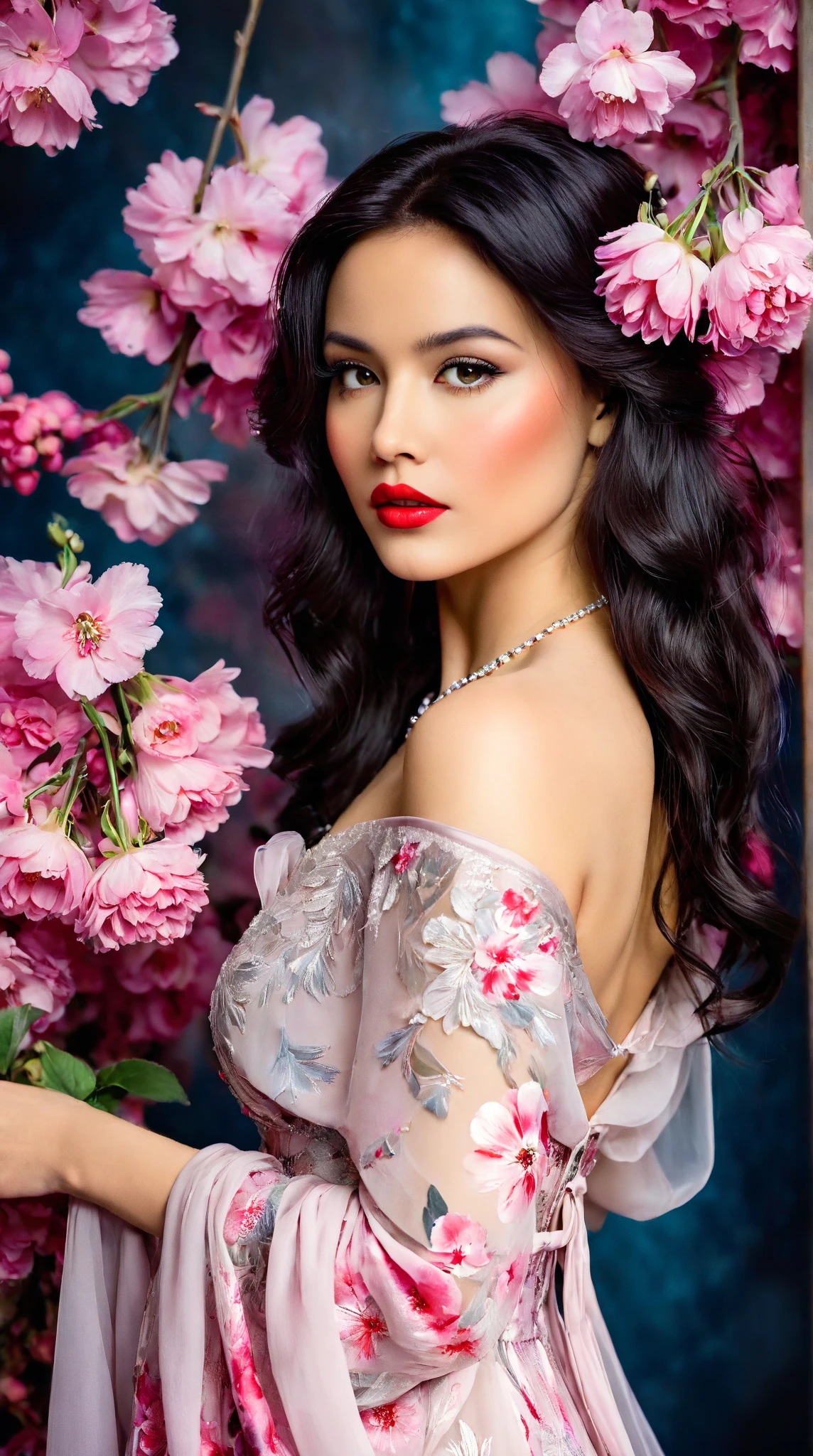 In a whimsical floral backdrop, a graceful European woman elegant shot from the 1920s stands in elegant poise, embodying a dreamlike essence. Her delicate features glow softly, illuminated by the ethereal light filtering through lush, pastel blossoms. Dark waves of hair cascade gently around her shoulders, framing her serene expression.

She wears a flowing gown of bright magical pink radiants one of a kind silk that billows delicately, enhancing her tranquil presence. Her striking red lips provide a vivid contrast, infusing life into the soft, monochromatic hues of the scene.

The artwork is reminiscent of an enchanting ink painting, where fluid brush strokes and intricate line work convey a sense of nostalgia and magic. Soft shades of ink merge seamlessly, while the background bursts with an array of pastel flowers, evoking a breathtaking, dreamlike atmosphere. This composition radiates tranquility and romance, inviting viewers into a timeless moment that feels both captivating and ephemeral.