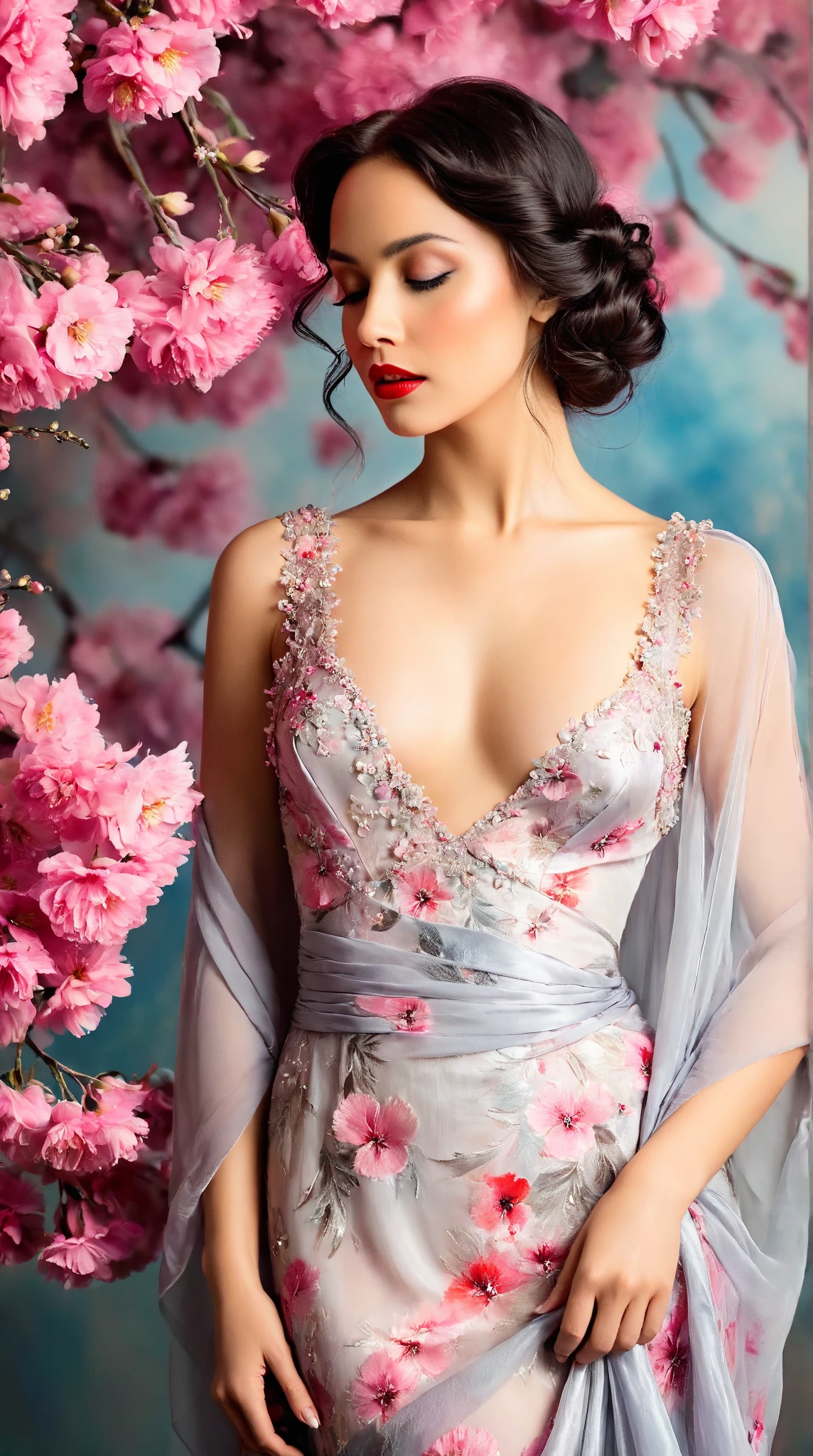 In a whimsical floral backdrop, a graceful European woman elegant shot from the 1920s stands in elegant poise, embodying a dreamlike essence. Her delicate features glow softly, illuminated by the ethereal light filtering through lush, pastel blossoms. Dark waves of hair cascade gently around her shoulders, framing her serene expression.

She wears a flowing gown of bright magical pink radiants one of a kind silk that billows delicately, enhancing her tranquil presence. Her striking red lips provide a vivid contrast, infusing life into the soft, monochromatic hues of the scene.

The artwork is reminiscent of an enchanting ink painting, where fluid brush strokes and intricate line work convey a sense of nostalgia and magic. Soft shades of ink merge seamlessly, while the background bursts with an array of pastel flowers, evoking a breathtaking, dreamlike atmosphere. This composition radiates tranquility and romance, inviting viewers into a timeless moment that feels both captivating and ephemeral.