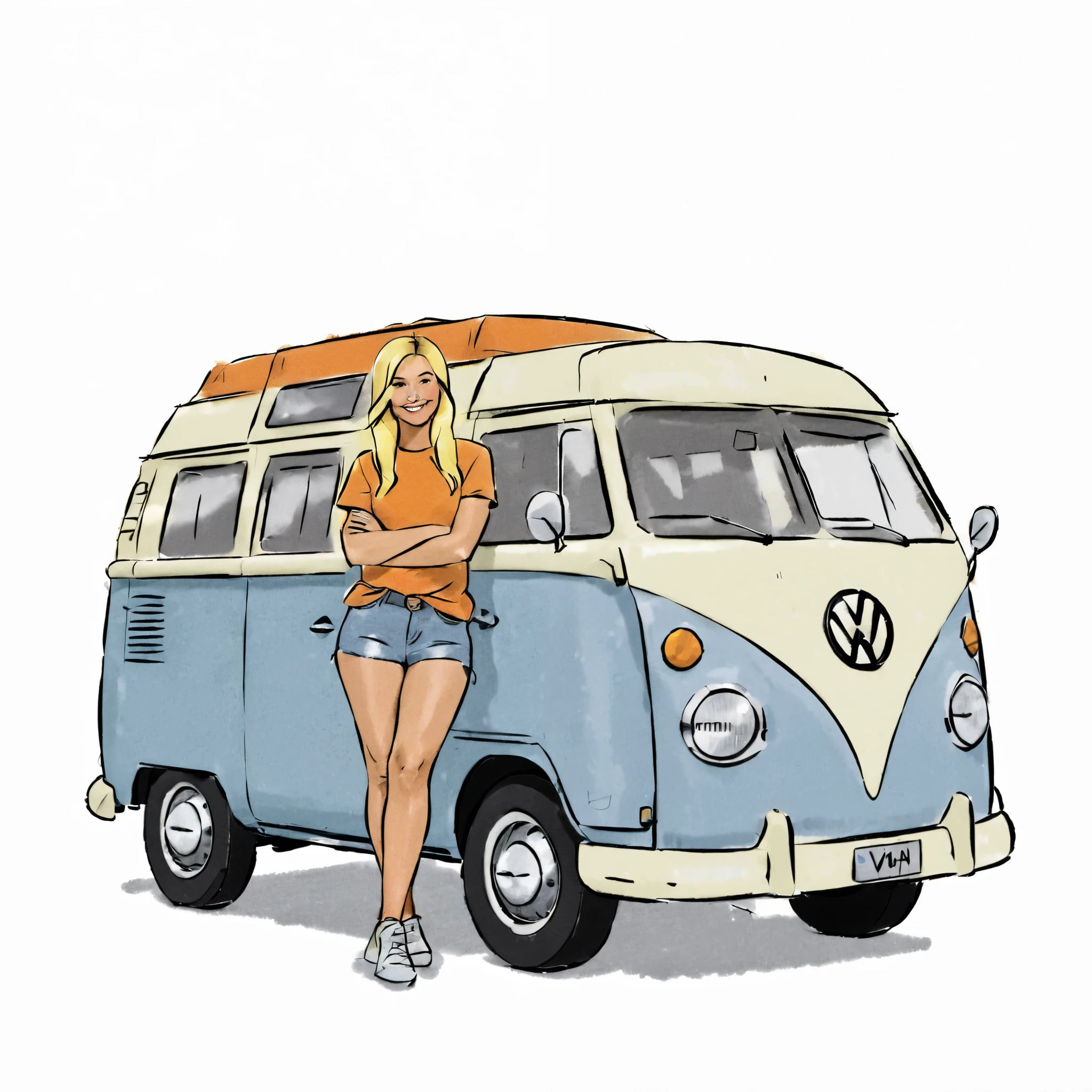 camper volkswagen van,  on a white background, blonde girl 