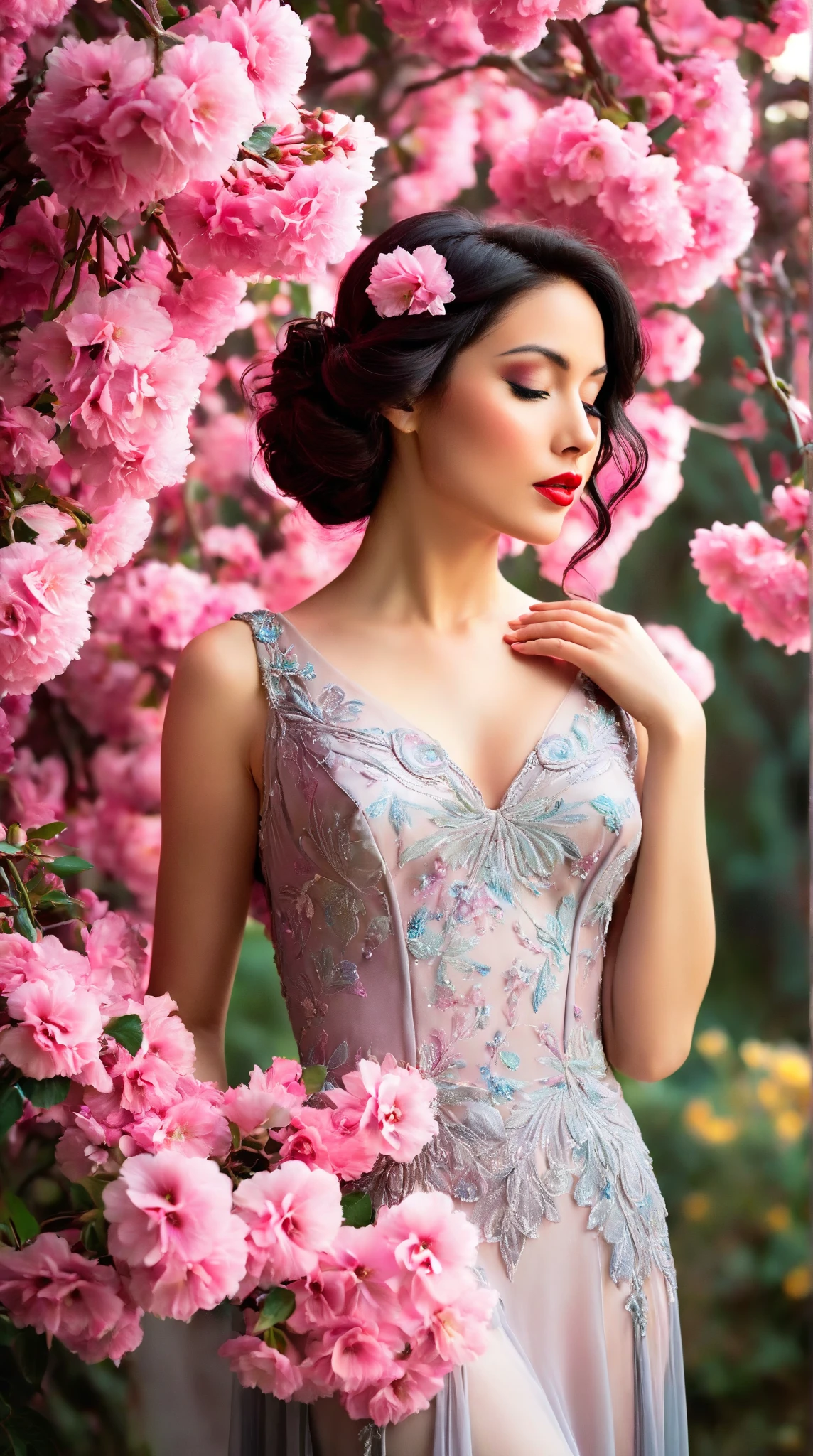 In a whimsical floral backdrop, a graceful European woman elegant shot from the 1920s stands in elegant poise, embodying a dreamlike essence. Her delicate features glow softly, illuminated by the ethereal light filtering through lush, pastel blossoms. Dark waves of hair cascade gently around her shoulders, framing her serene expression.

She wears a flowing gown of bright magical pink radiants one of a kind silk that billows delicately, enhancing her tranquil presence. Her striking red lips provide a vivid contrast, infusing life into the soft, monochromatic hues of the scene.

The artwork is reminiscent of an enchanting ink painting, where fluid brush strokes and intricate line work convey a sense of nostalgia and magic. Soft shades of ink merge seamlessly, while the background bursts with an array of pastel flowers, evoking a breathtaking, dreamlike atmosphere. This composition radiates tranquility and romance, inviting viewers into a timeless moment that feels both captivating and ephemeral.