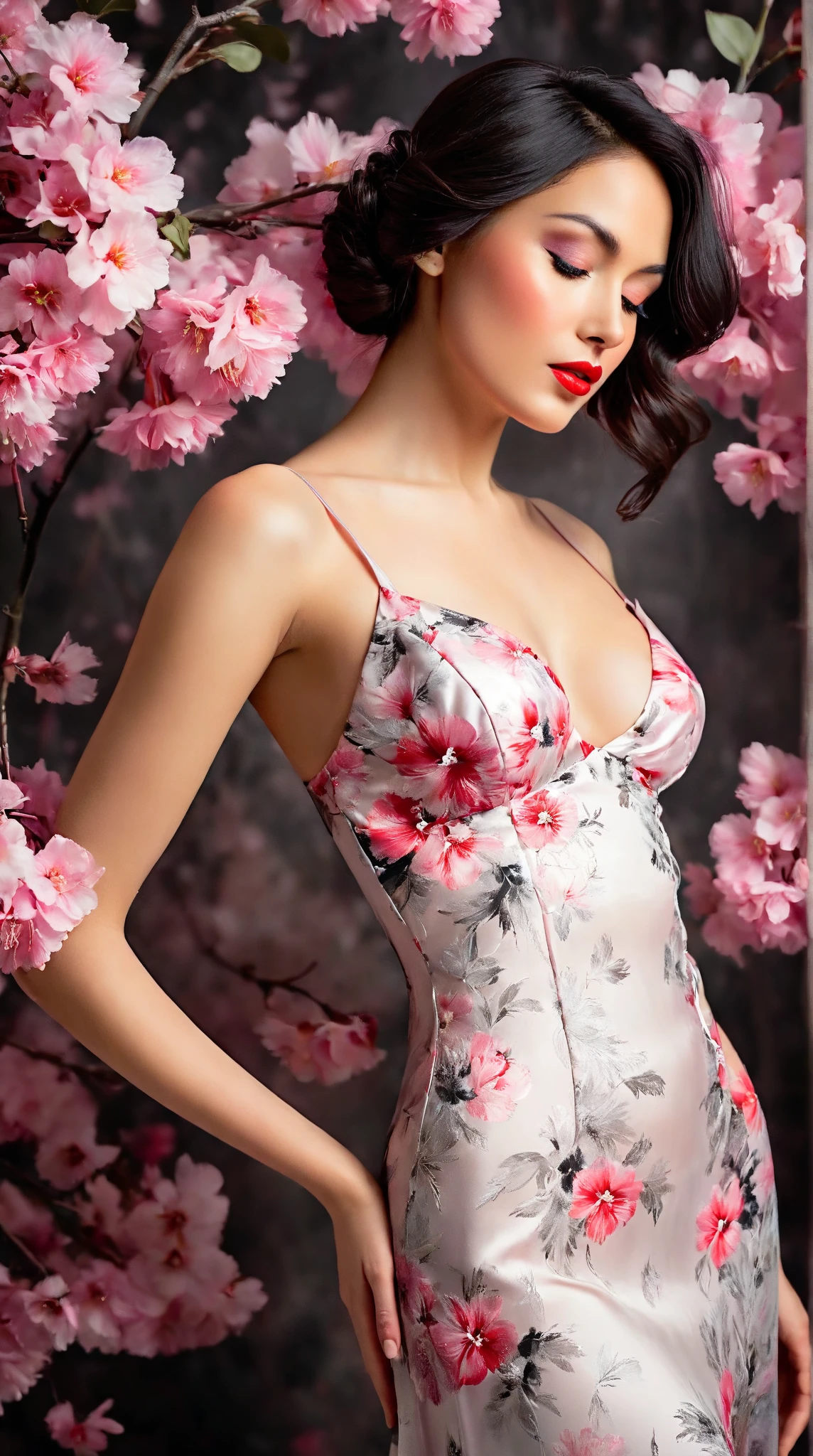 In a whimsical floral backdrop, a graceful European woman elegant shot from the 1920s stands in elegant poise, embodying a dreamlike essence. Her delicate features glow softly, illuminated by the ethereal light filtering through lush, pastel blossoms. Dark waves of hair cascade gently around her shoulders, framing her serene expression.

She wears a flowing gown of bright magical pink radiants one of a kind silk that billows delicately, enhancing her tranquil presence. Her striking red lips provide a vivid contrast, infusing life into the soft, monochromatic hues of the scene.

The artwork is reminiscent of an enchanting ink painting, where fluid brush strokes and intricate line work convey a sense of nostalgia and magic. Soft shades of ink merge seamlessly, while the background bursts with an array of pastel flowers, evoking a breathtaking, dreamlike atmosphere. This composition radiates tranquility and romance, inviting viewers into a timeless moment that feels both captivating and ephemeral.