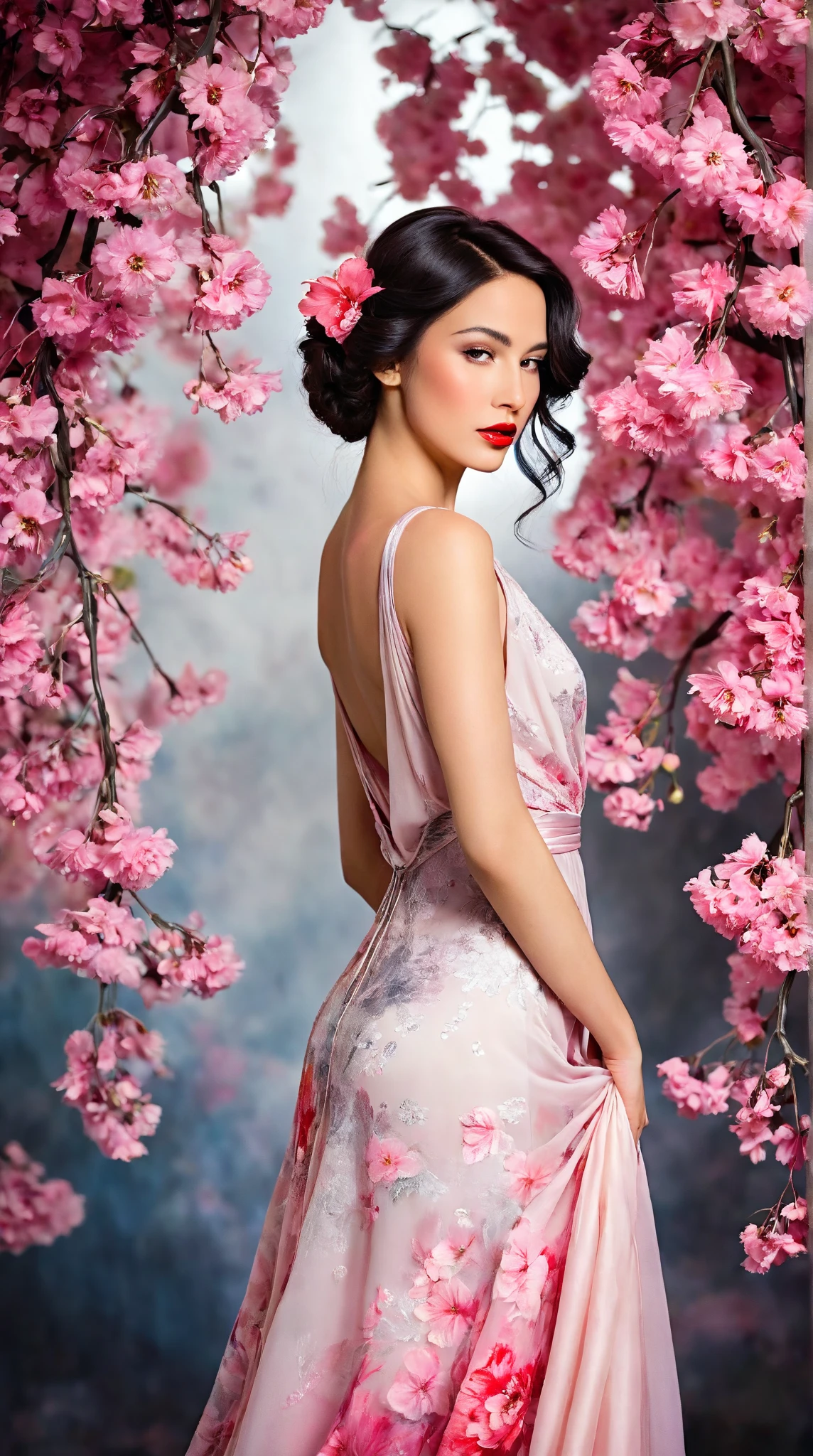 In a whimsical floral backdrop, a graceful European woman elegant shot from the 1920s stands in elegant poise, embodying a dreamlike essence. Her delicate features glow softly, illuminated by the ethereal light filtering through lush, pastel blossoms. Dark waves of hair cascade gently around her shoulders, framing her serene expression.

She wears a flowing gown of bright magical pink radiants one of a kind silk that billows delicately, enhancing her tranquil presence. Her striking red lips provide a vivid contrast, infusing life into the soft, monochromatic hues of the scene.

The artwork is reminiscent of an enchanting ink painting, where fluid brush strokes and intricate line work convey a sense of nostalgia and magic. Soft shades of ink merge seamlessly, while the background bursts with an array of pastel flowers, evoking a breathtaking, dreamlike atmosphere. This composition radiates tranquility and romance, inviting viewers into a timeless moment that feels both captivating and ephemeral.