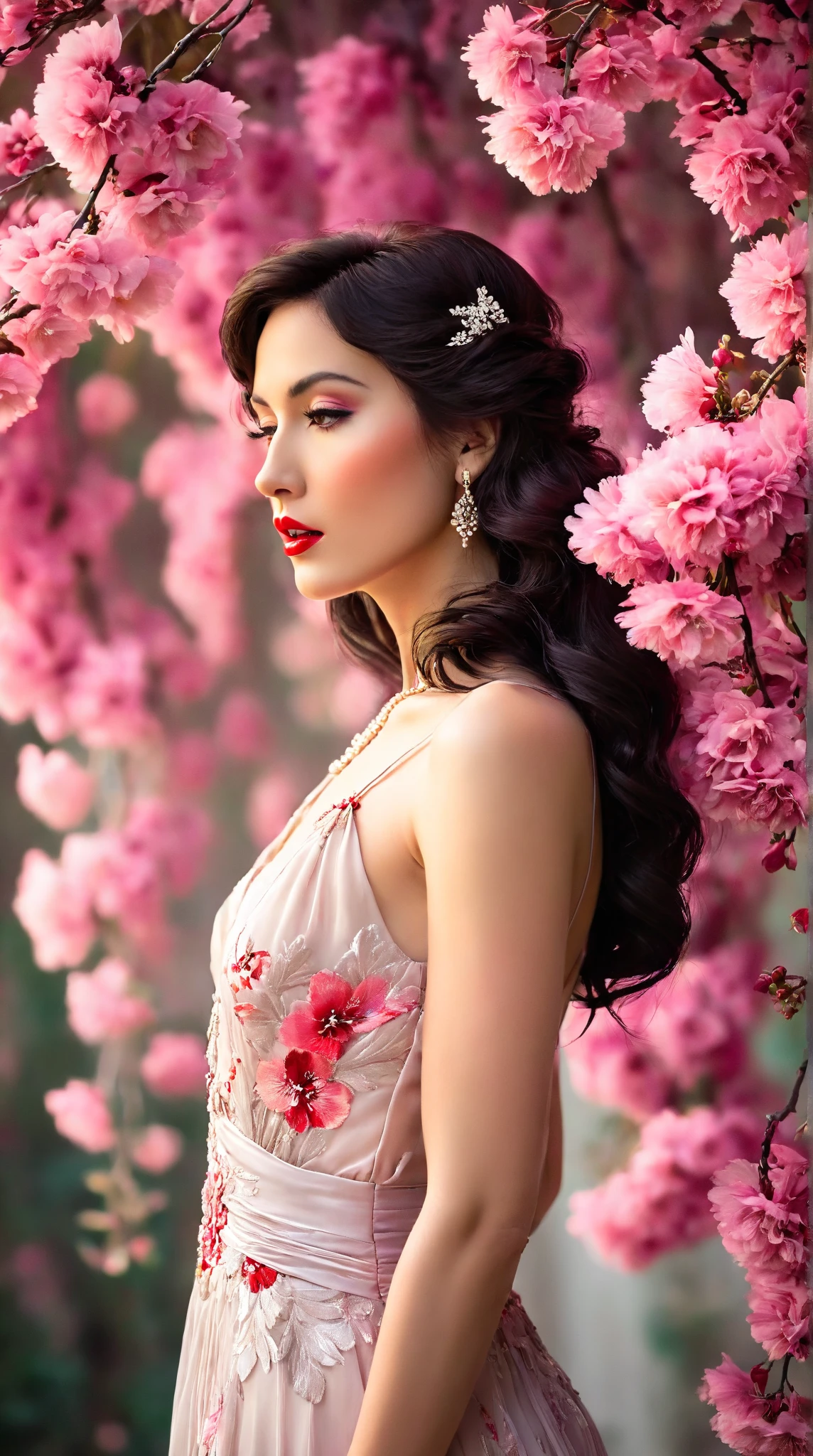 In a whimsical floral backdrop, a graceful European woman elegant shot from the 1920s stands in elegant poise, embodying a dreamlike essence. Her delicate features glow softly, illuminated by the ethereal light filtering through lush, pastel blossoms. Dark waves of hair cascade gently around her shoulders, framing her serene expression.

She wears a flowing gown of bright magical pink radiants one of a kind silk that billows delicately, enhancing her tranquil presence. Her striking red lips provide a vivid contrast, infusing life into the soft, monochromatic hues of the scene.

The artwork is reminiscent of an enchanting ink painting, where fluid brush strokes and intricate line work convey a sense of nostalgia and magic. Soft shades of ink merge seamlessly, while the background bursts with an array of pastel flowers, evoking a breathtaking, dreamlike atmosphere. This composition radiates tranquility and romance, inviting viewers into a timeless moment that feels both captivating and ephemeral.