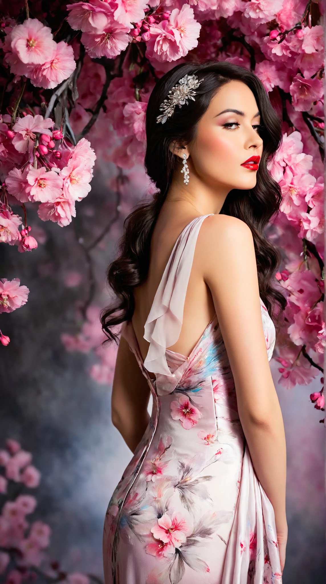 In a whimsical floral backdrop, a graceful European woman elegant shot from the 1920s stands in elegant poise, embodying a dreamlike essence. Her delicate features glow softly, illuminated by the ethereal light filtering through lush, pastel blossoms. Dark waves of hair cascade gently around her shoulders, framing her serene expression.

She wears a flowing gown of bright magical pink radiants one of a kind silk that billows delicately, enhancing her tranquil presence. Her striking red lips provide a vivid contrast, infusing life into the soft, monochromatic hues of the scene.

The artwork is reminiscent of an enchanting ink painting, where fluid brush strokes and intricate line work convey a sense of nostalgia and magic. Soft shades of ink merge seamlessly, while the background bursts with an array of pastel flowers, evoking a breathtaking, dreamlike atmosphere. This composition radiates tranquility and romance, inviting viewers into a timeless moment that feels both captivating and ephemeral.