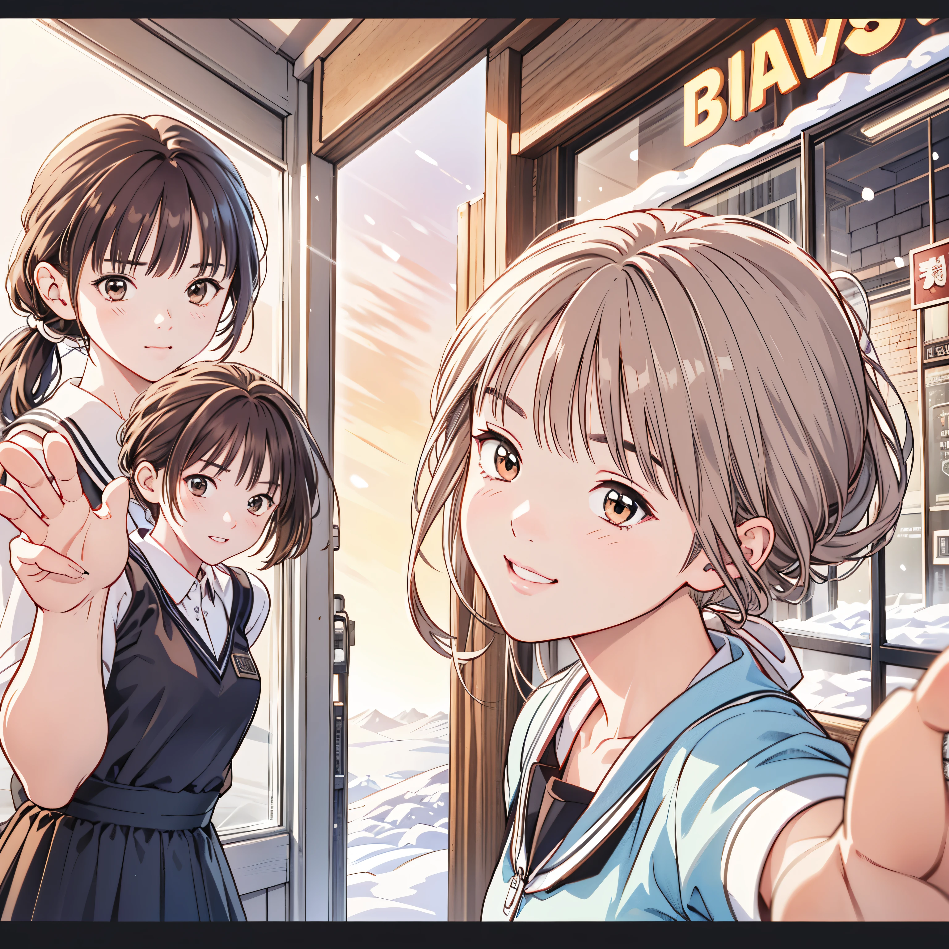 (8k、 top quality 、​masterpiece:1.2)、( realistic、 ultra-detailed、 super A high resolution、 2 girls in 2、(One person has silver hair 、一人はBrown Hair )、 beautiful detailed faces in dark bars、smile、narrow、( slim waist) :1.3)、Spring Clothes、  、 Skin Texture 、Floating Hair、  PROFESSIONAL LIGHTING IN A TRENDY PARISIAN CAFE  、*************************** suit overall body、Brown Hair、Shy、Mikity、 romantic in the snow、((***************************、、Ponytail、 idol poses))、