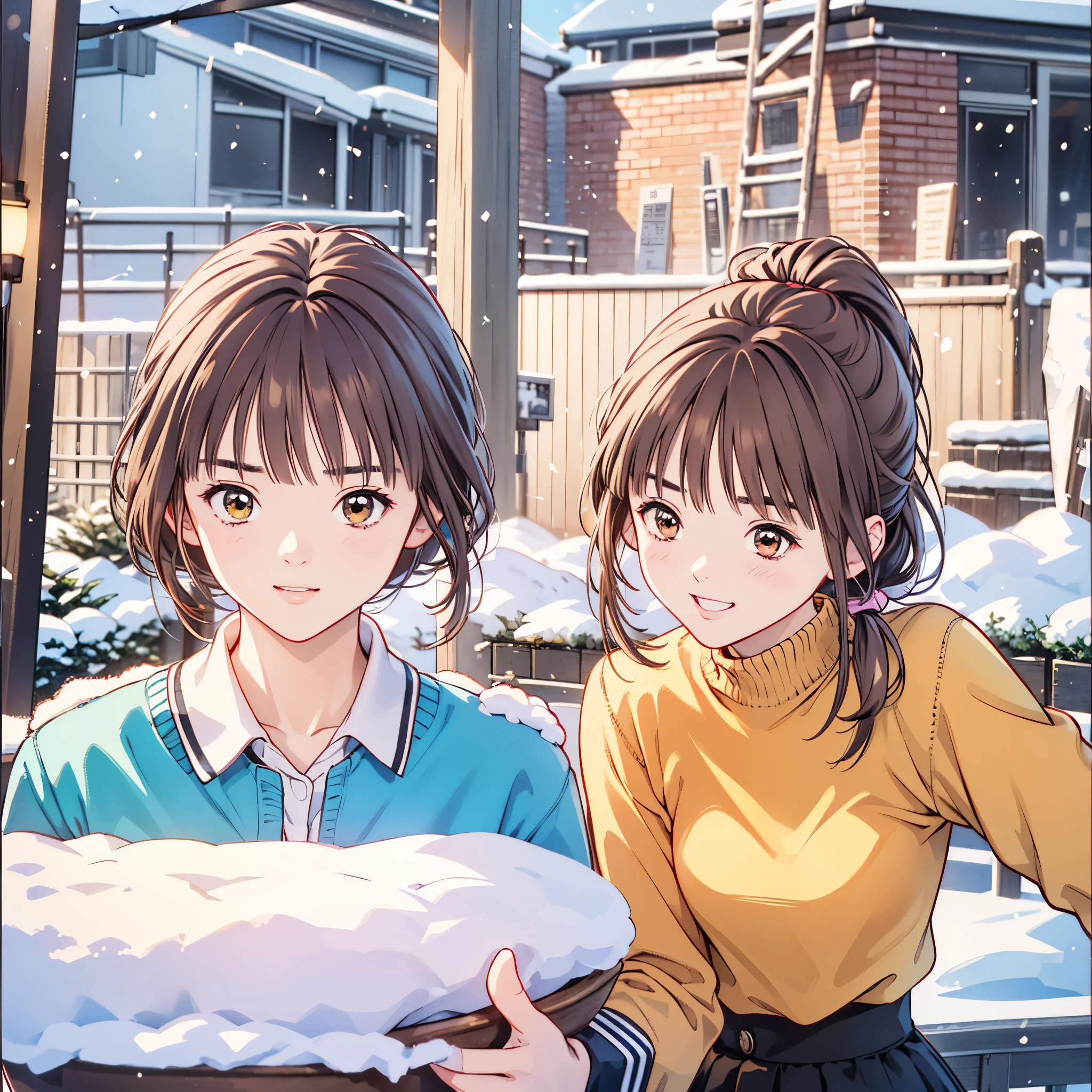 (8k、 top quality 、​masterpiece:1.2)、( realistic、 ultra-detailed、 super A high resolution、 2 girls in 2、(One person has silver hair 、一人は brown hair )、 beautiful detailed faces in dark bars、smile、narrow、( slim waist) :1.3)、Spring Clothes、  、 Skin Texture 、Floating Hair、  PROFESSIONAL LIGHTING IN A TRENDY PARISIAN CAFE  、服 人体全体、 brown hair、Shy、Mikity、 romantic in the snow、((Junior high school students