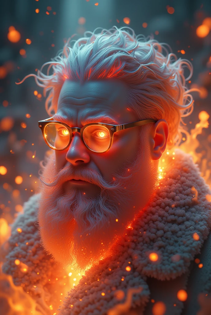 (best quality, 128k, highres, masterpiece:1.2), ultra-detailed, (realistic, photorealistic, photo-realistic:1.37), ((masterpiece)) ((photography)) ((Highest quality)) A dynamic kinetic-style illustration of a chubby bearded man wearing glasses, depicted as a pyromaniac setting fires everywhere. The scene is chaotic, with vibrant flames and embers swirling around him, creating a sense of motion and energy. His expression is wild and mischievous, with intense lighting from the flames reflecting on his glasses. The background is a blend of dark tones and fiery hues, emphasizing the dramatic and destructive atmosphere.