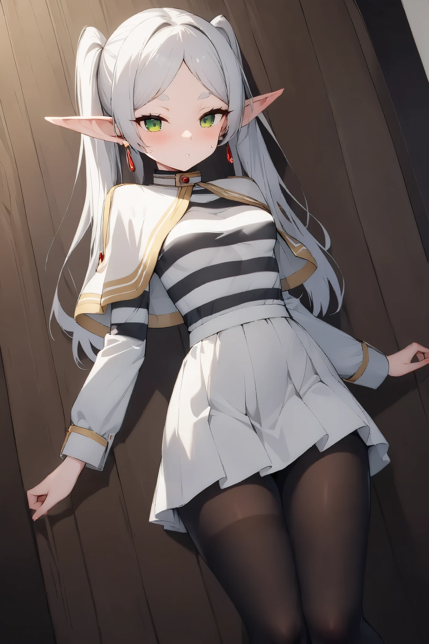 NSFW,masterpiece, top quality , high res, very detailed, Freelen\(葬送の Freelen\)、 longhair 、 twin tails、 green eyes、 gray hair、 pointed ears、Elf、 small breasts, shirt、 Long Sleeve 、 jewelry、 pantyhose、 earrings for women with first name、 stripe 、黒の pantyhose、 capelets、 stripe shirt、 skirt 、白の skirt