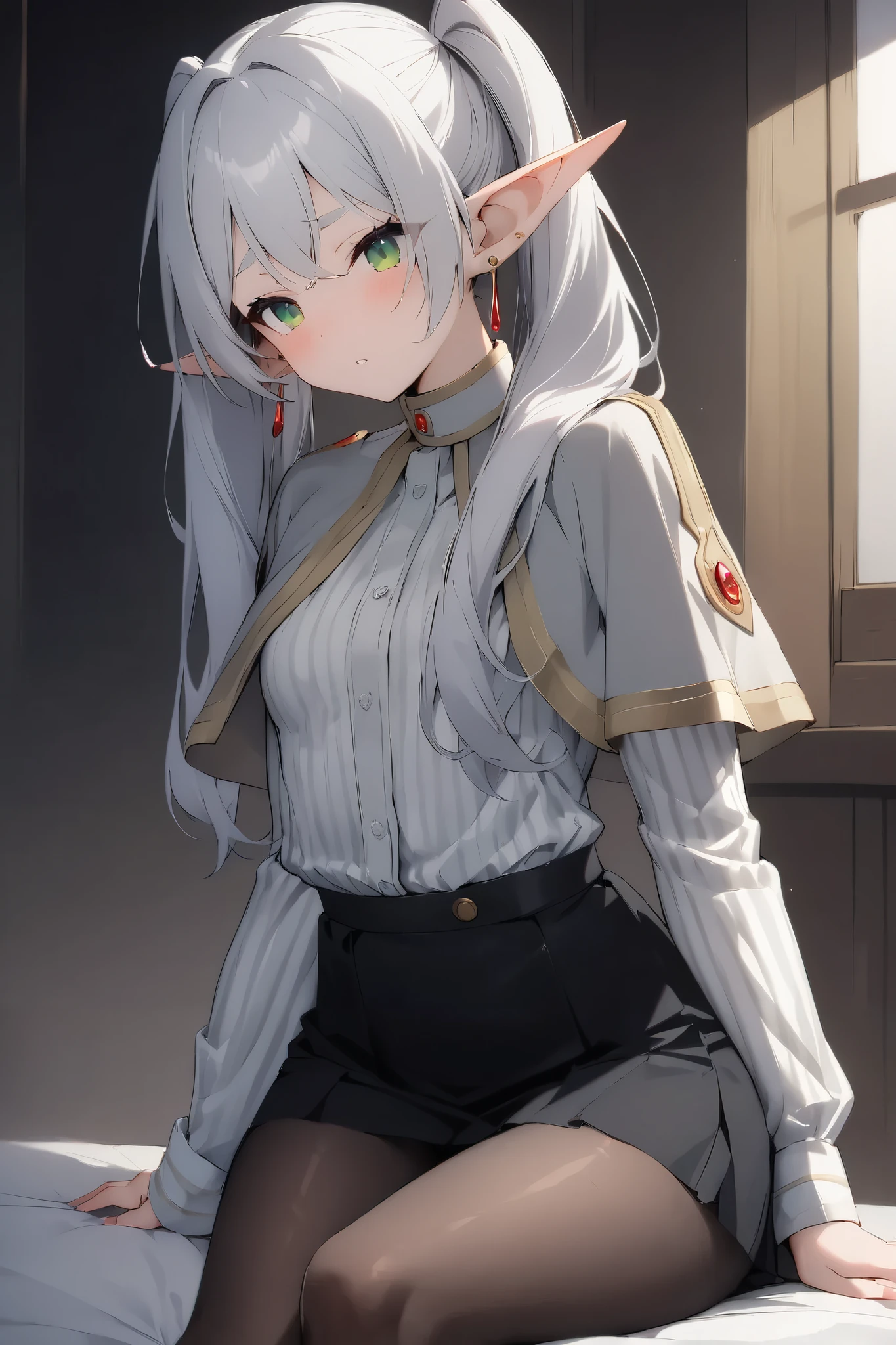 NSFW,masterpiece, top quality , high res, very detailed, Freelen\(葬送の Freelen\)、 longhair 、 twin tails、 green eyes、 gray hair、 pointed ears、Elf、 small breasts, shirt、 Long Sleeve 、 jewelry、 pantyhose、 earrings for women with first name、 stripe 、黒の pantyhose、 capelets、 stripe  shirt、 skirt 、白の skirt 