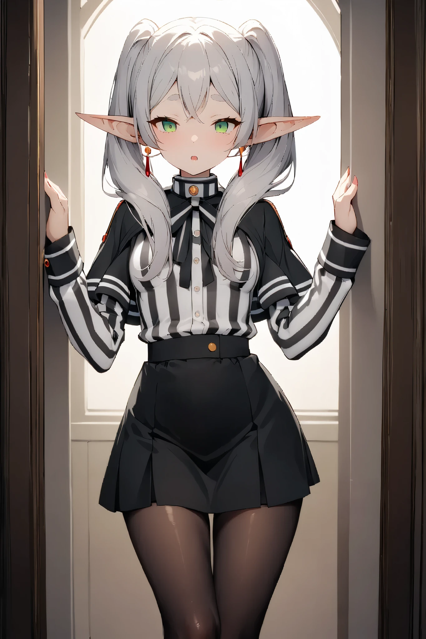 NSFW,masterpiece, top quality , high res, very detailed, Freelen\(葬送の Freelen\)、 longhair 、 twin tails、 green eyes、 gray hair、 pointed ears、Elf、 small breasts, shirt、 Long Sleeve 、 jewelry、 pantyhose、 earrings for women with first name、 stripe 、黒の pantyhose、 capelets、 stripe shirt、 skirt 、白の skirt