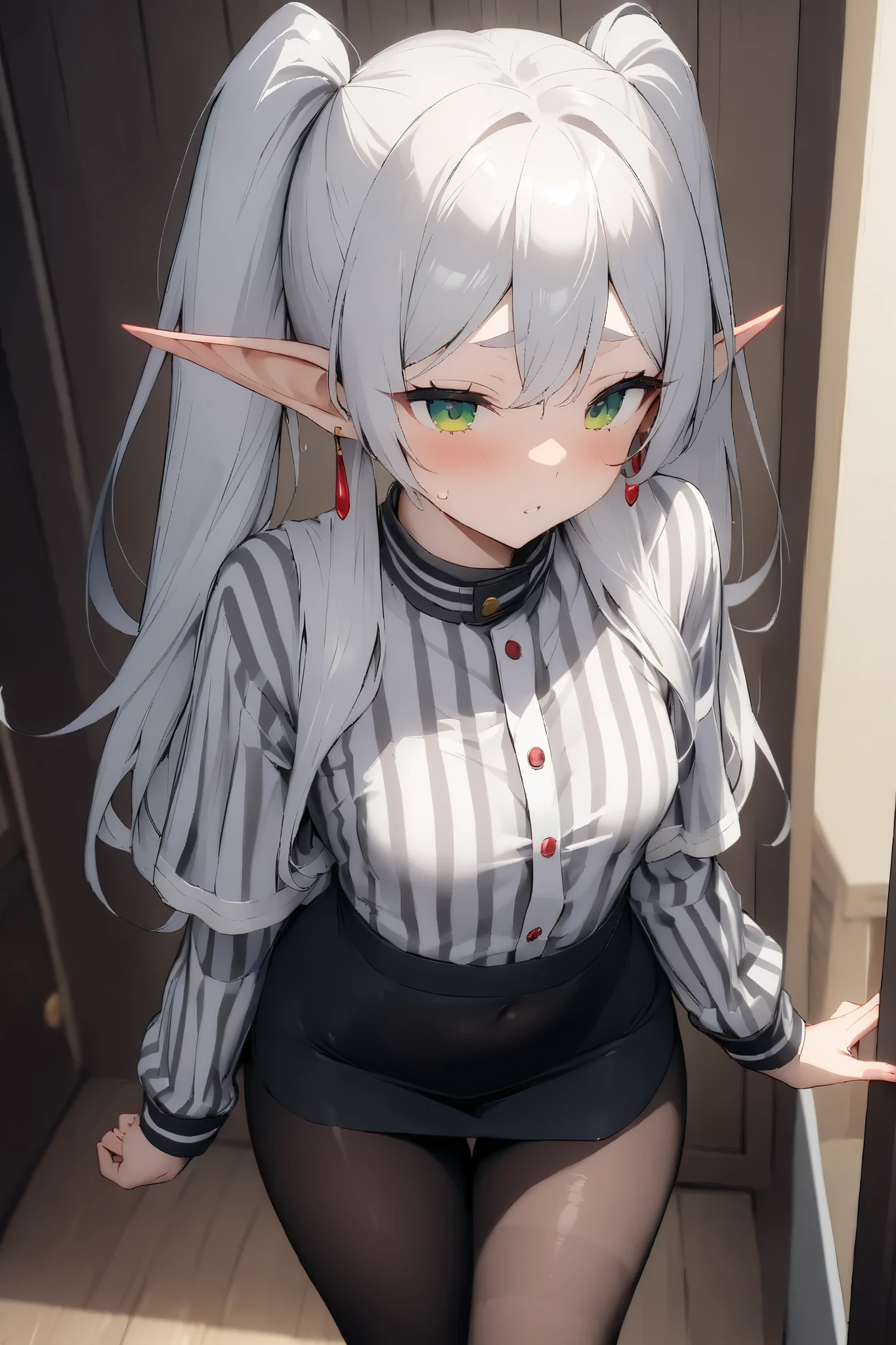NSFW,masterpiece, top quality , high res, very detailed, Freelen\(葬送の Freelen\)、 longhair 、 twin tails、 green eyes、 gray hair、 pointed ears、Elf、 small breasts, shirt、 Long Sleeve 、 jewelry、 pantyhose、 earrings for women with first name、 stripe 、黒の pantyhose、 capelets、 stripe shirt、 skirt 、白の skirt