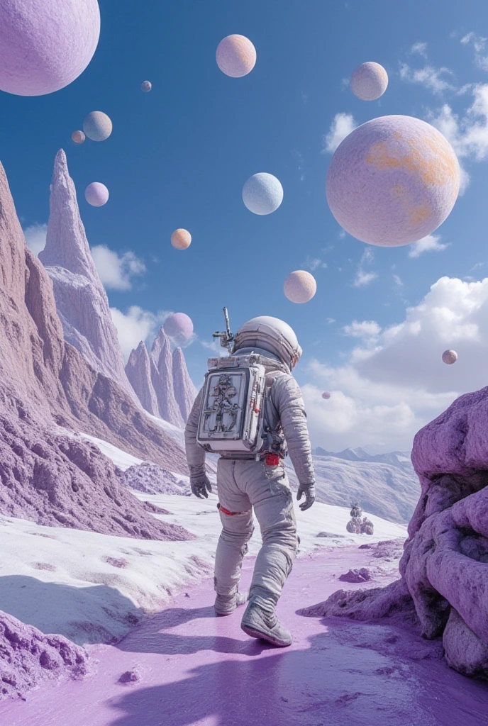 A noob astronaut stepping onto an alien planet in a pluralistic galaxy. The planet's surface is a strange combination of purple - hued landscapes, liquid metal rivers, and floating islands. The noob's spacesuit is designed with a mix of advanced alien - inspired technology and recognizable human - made components. In the sky, there are multiple suns and moons of different sizes and colors. Alien creatures of various shapes and sizes are observing the noob with curiosity. The art style is highly detailed, with a focus on creating an otherworldly and scientific - looking environment, similar to the art in the movie Interstellar.