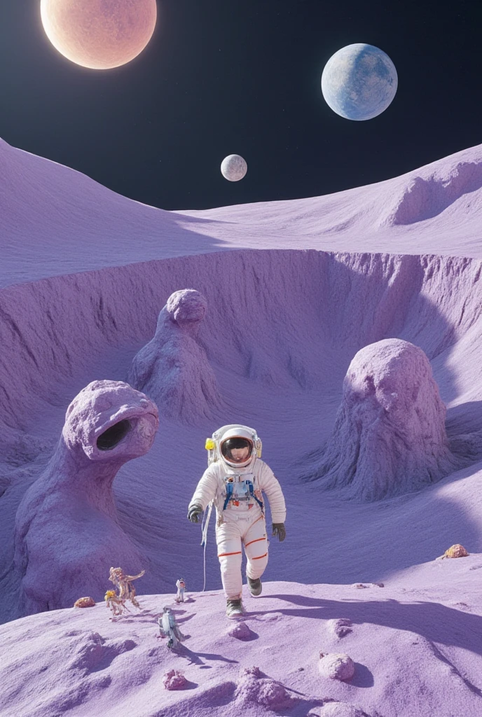 A noob astronaut stepping onto an alien planet in a pluralistic galaxy. The planet's surface is a strange combination of purple - hued landscapes, liquid metal rivers, and floating islands. The noob's spacesuit is designed with a mix of advanced alien - inspired technology and recognizable human - made components. In the sky, there are multiple suns and moons of different sizes and colors. Alien creatures of various shapes and sizes are observing the noob with curiosity. The art style is highly detailed, with a focus on creating an otherworldly and scientific - looking environment, similar to the art in the movie Interstellar.