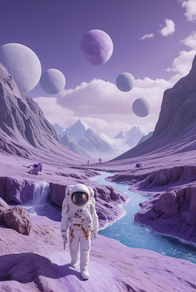 A noob astronaut stepping onto an alien planet in a pluralistic galaxy. The planet's surface is a strange combination of purple - hued landscapes, liquid metal rivers, and floating islands. The noob's spacesuit is designed with a mix of advanced alien - inspired technology and recognizable human - made components. In the sky, there are multiple suns and moons of different sizes and colors. Alien creatures of various shapes and sizes are observing the noob with curiosity. The art style is highly detailed, with a focus on creating an otherworldly and scientific - looking environment, similar to the art in the movie Interstellar.