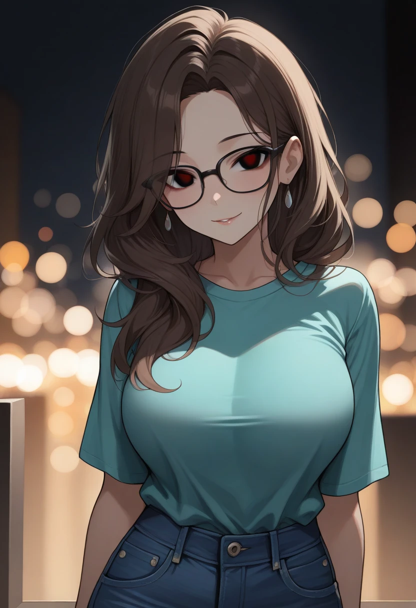 ( breathtaking mature beauty,  intelligent and elegant , turquoise t-shirt ,  jeans,  brown long hair ,  large round black glasses, ( Top Quality ,masterpiece:1.2),  ultra high definition,  beautiful facial features ,  unbuttoned super detailed , Bokeh),  Dark Night ,  smells low saturation ,  dark lighting ,  dark mood 