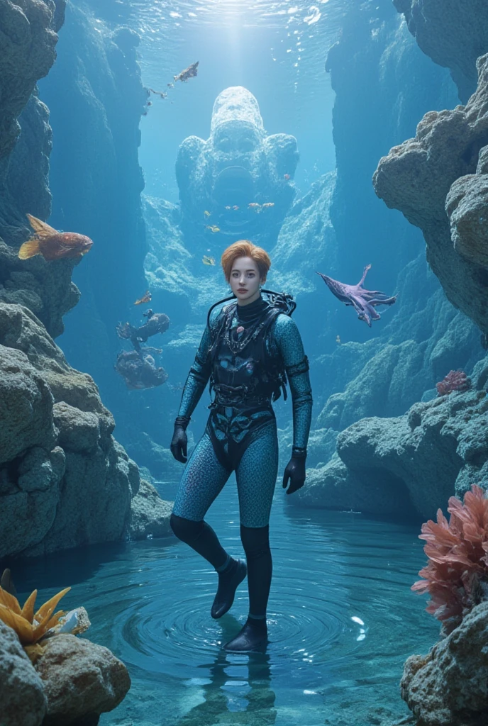 A noob diver in an underwater pluralistic world. The water is filled with a variety of unique sea life from different mythologies and regions. There are mermaids with scales of all colors, sea serpents with glowing eyes, and schools of bioluminescent fish. The noob is wearing a specialized diving suit that combines modern technology with elements of ancient diving gear. The background is a vast underwater city made of coral and crystal, with lights flickering from the windows. The art should have a dreamy, underwater lighting effect, like the style of Pixar's Finding Nemo.