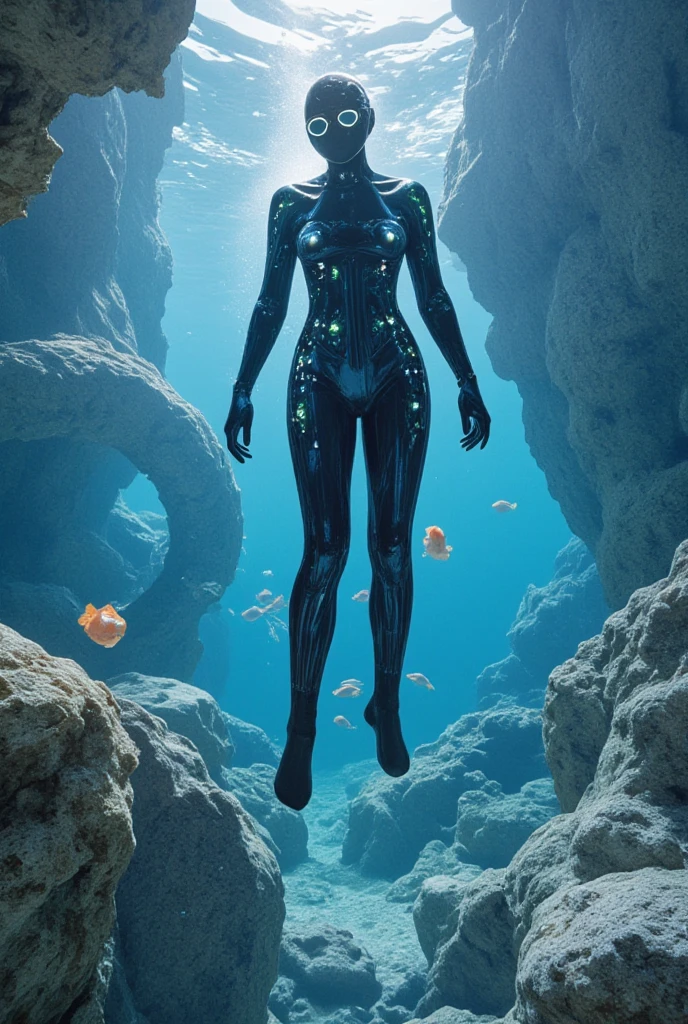 A noob diver in an underwater pluralistic world. The water is filled with a variety of unique sea life from different mythologies and regions. There are mermaids with scales of all colors, sea serpents with glowing eyes, and schools of bioluminescent fish. The noob is wearing a specialized diving suit that combines modern technology with elements of ancient diving gear. The background is a vast underwater city made of coral and crystal, with lights flickering from the windows. The art should have a dreamy, underwater lighting effect, like the style of Pixar's Finding Nemo.