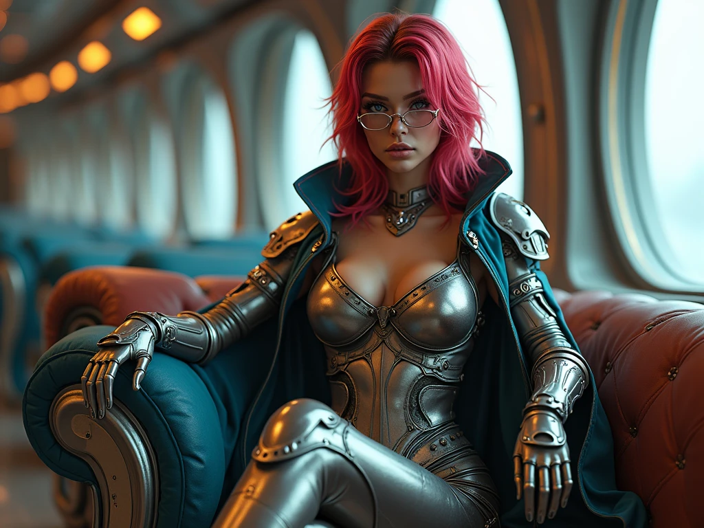 (A woman who is a motherï¼solo),(white hair with purple color streaks, (blunt bangs,hime cut), ponytail,ultra detail hair, ultra realistic hair:1.4),A carefully cut hairstyle,Classic Hollywood glamour,
(artistic,masterpiece,best quality:1.4), cinematic (beautiful detailed face:1.0), dramatic,
(cowboy shot),contrast of warm and cool tones,light source contrast, High quality texture,(highly detailed CG illustration),(dark theme,cinematic lighting,soft light, sharp:1.3),film grain,SMOOTH SHADING,SMOOTH,
absurd,Absurd illusion,space cabin,indoors,(purple Leather jacket,purple bandeau,lLow-rise_pants),(waistline)ï¼
(science fiction:1.4), depth of field,
(Sharp details,intricate details, highly detailed),
subsurface scattering, reflections, eflections,dusty sunlight, ray_tracing, sun_flare,
(smug,elegance, Sexually suggestive,charm:1.3),(beautiful image,beautiful,gorgeous,femme fatale,mature female,female supermodel:1.3),
smooth face,GLOSSY,SMOOTH SHADING,(anatomically correct),
(skin texture,realistic skin,pale skin,extremely fine complexion,shiny skin:1.3),sweaty skin,wet body,beautiful lips,
plump,hourglass figure,huge breasts,sagging breasts,cleavage,realistic legs, eautiful legs,(athletic,athletic body,wide hips,thick thighs:0.8),
<lora:lotus-10WFv9:0.7>,WFLOTUS, <lora:detail_slider_v4:5> ,more detail, <lora:epiNoiseoffset_v2:1> ,rim lighting, two tone lighting, dimly lit,