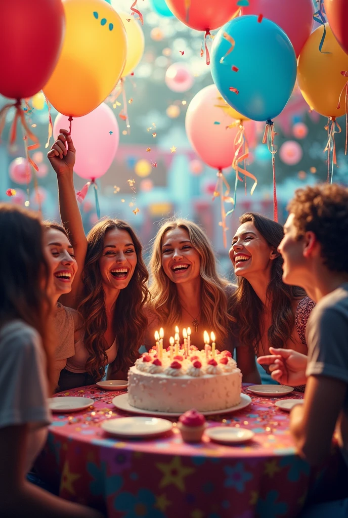 A cheerful scene of a surprise birthday party in a beautifully decorated room. There are colorful balloons, streamers, and a large banner that reads "Happy Birthday!" In the center, a table is set with a delicious birthday cake adorned with candles, surrounded by gifts. Friends are gathered around, smiling and clapping, ready to celebrate.