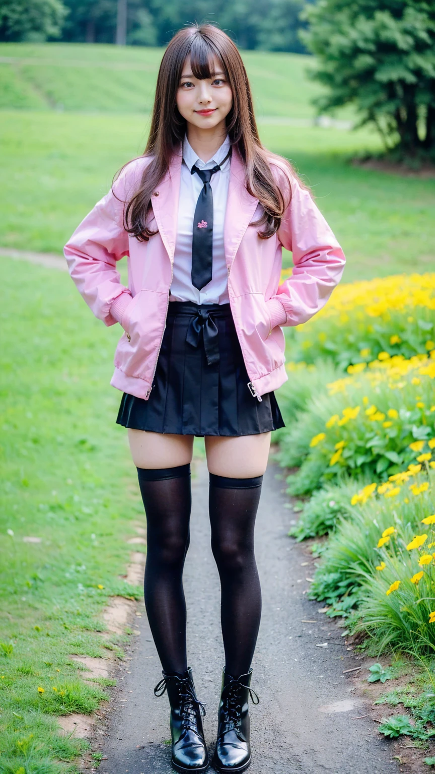 (8k、     RAW photos   、   top quality、masterpiece   :1.2)、(   realistic  、   realistic  )、1 person、((bangs、 ties、tights、 boots、black and pink jacket 、smile、whole body、 black tight mini skirt、 shows shoulders、Flower Field、Narrow waist、Stand with hands on hips、 standing facing you   )、 cute