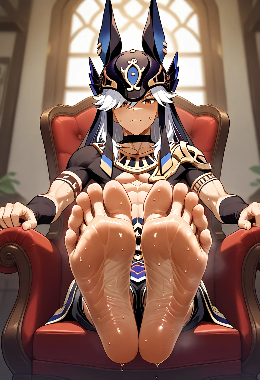 Cyno Sumeru Genshin Boy feet scrunching his sweaty soles sitting on chair big dick  serious face