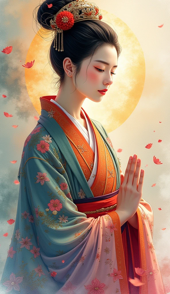 Ink painting、Watercolor、 vivid colors、Jimo Kannon 、The appearance of a gentle and gentle woman、Super beautiful face、Ink paintingとWatercolorの融合、 illustration art、