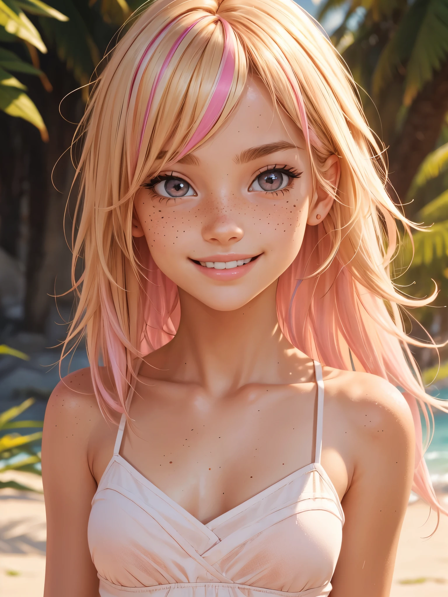 (best quality), 1girl, female, sun kissed skin, blonde hair, medium hair, swept bangs, pink streaked hair, brown eyes, perfect eyes, freckles, , skinny body, smile, small bust, masterpiece, anatomically correct, highres