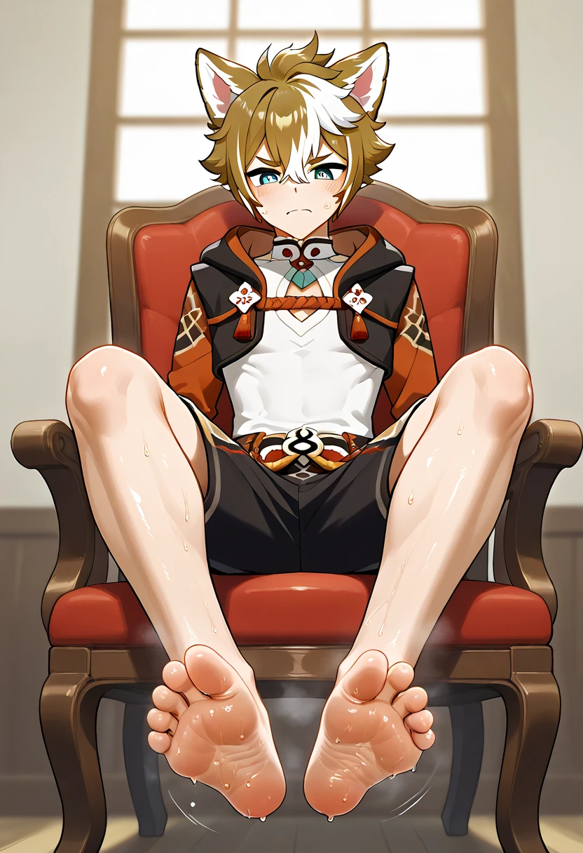 Gorou Inazuma Genshin Boy feet scrunching his sweaty soles sitting on chair big dick  serious face