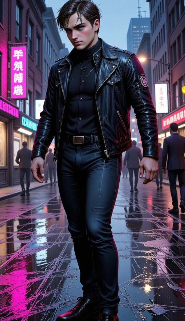 ( masterpiece,  better quality,  High resolution,  32k ,  extremely detailed CG :1), ( unity wallpaper faint illustration on stage :1.0), ((1 handsome young man:1.55 by Cyberpunk :1. 5 dancing in the rain :1.54 )),(( Cyberpunk Night City:1.4)),  neon signs futuristic cars ,dark place rain, (( wet clothes magenta neon lights that illuminate the young man perfectly:1.45) . 32k