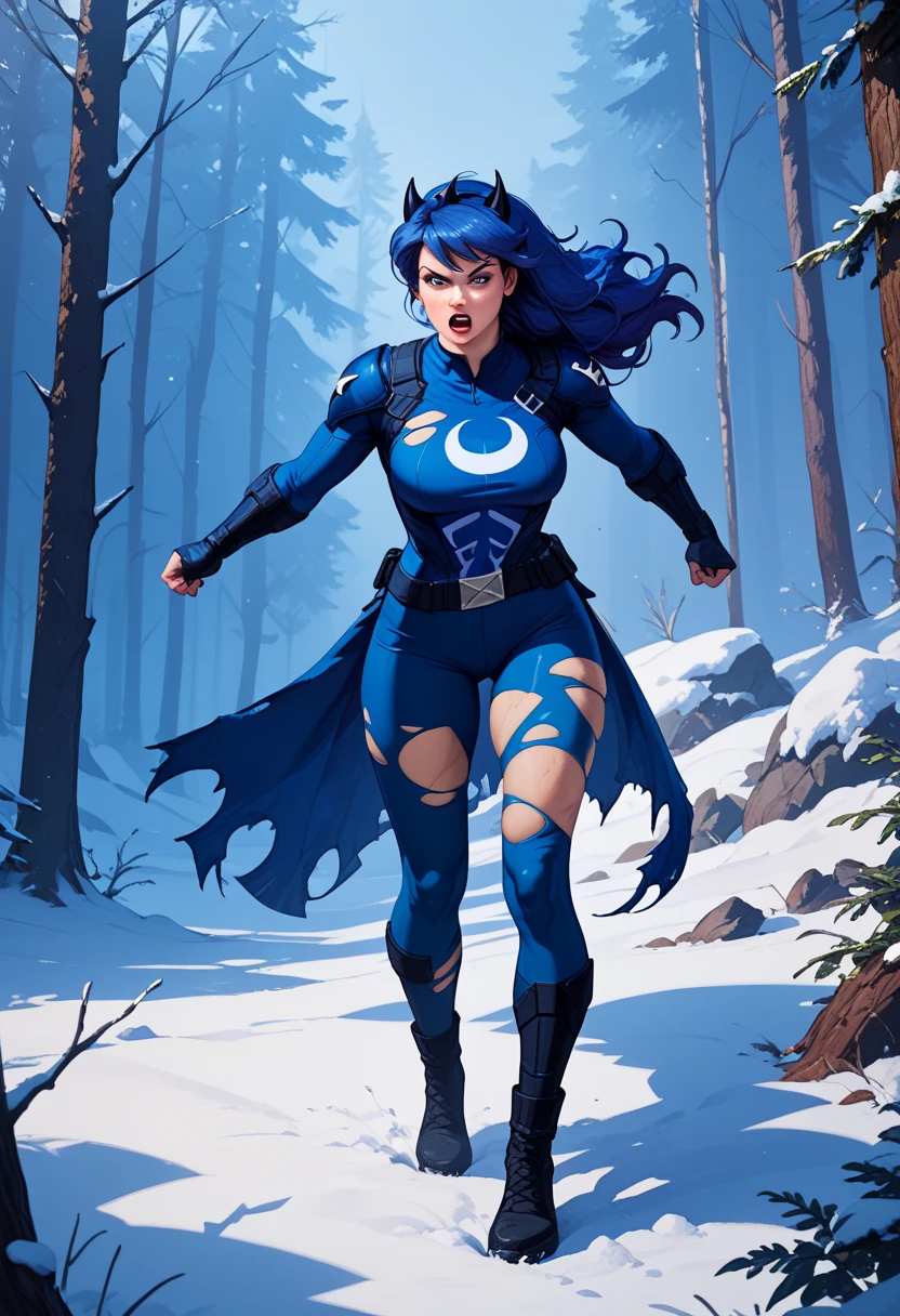 ((marvel rivals)) ((Luna Snow)) ((torn clothes)) stands in the earthly night forest