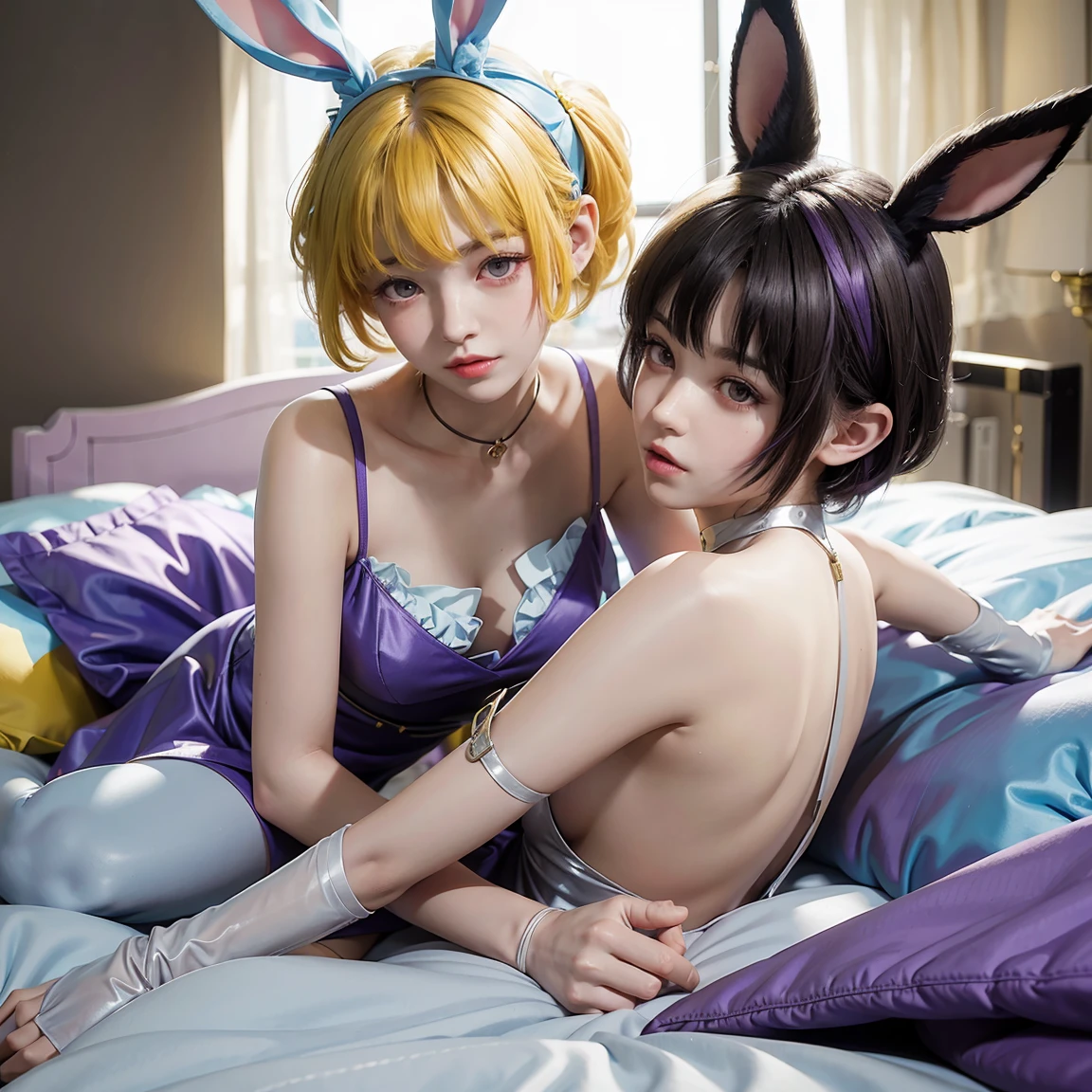 on the bed、Gravure photography、Realistic rabbit ears、Beautiful bust top、rabbit ears sticking out of the head,,、Pink hair、Pink rabbit ears、1 girl in、独奏、Pink bra、Pink Panties、masterpiece、top-quality、realisitic、Hyper-detailing、(Glossy skin、be sweaty:1.4)、Lustrous smile、Smiling eyes、Smiling lips、absurderes、Looking at the camera、short pink hair、red eyes、Red Eyes、Slender beauties、动态照明、hight resolution、foco nítido、depth of fields、Detailed eye、Sharp eyes、Realistic eyes、(small tits:1.6)、(thick thight:1.0)、Protruding pubic hair、Beautiful shaped、Beautuful Women:1.4、Slender Abs:1.2、((Short-cut bob hair))、((small tits:1.4))、((k pop:1.3))、((Lingerie 1.5))、Highly detailed facial and skin texture、((the pose))、((魅惑的))、Anatomically correct number of fingers、Correct anatomy、Nipple