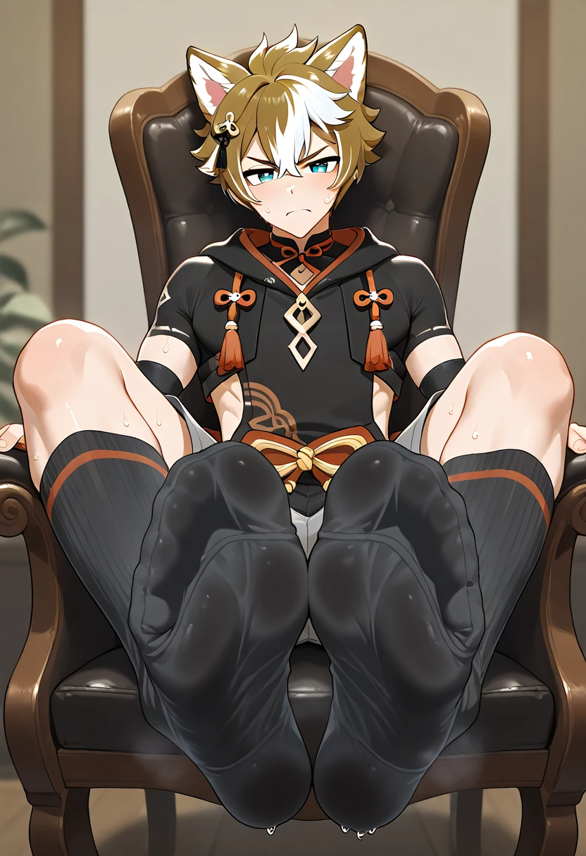 Gorou Inazuma Genshin Boy feet scrunching his sweaty soles sitting on chair big dick  serious face Black sweaty socks