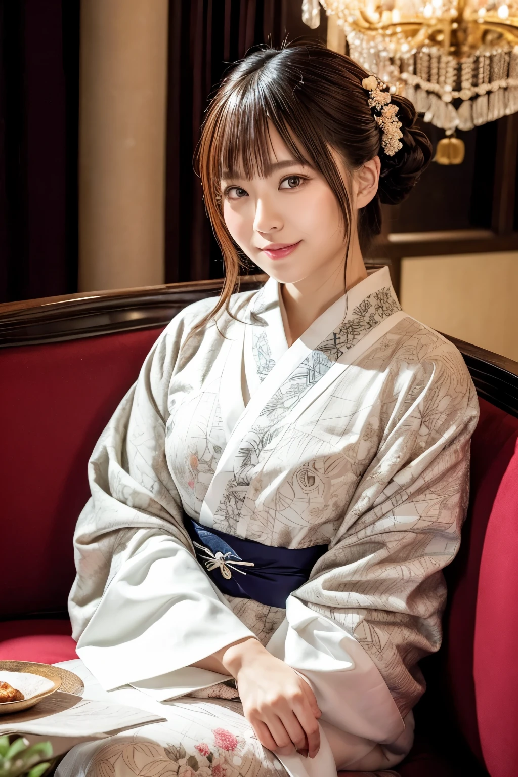 A refined lounge space with a harmonious atmosphere, softly lit by a chandelier. A beautiful woman wearing a stunning kimono with elegant patterns, seated on a luxurious wooden sofa. She is holding a sake cup delicately, sipping it with a serene smile, while the table in front of her displays small plates of food and a sake bottle, blending traditional Japanese culture with modern sophistication. {realistic photo style}, {cinematic}, {dramatic}