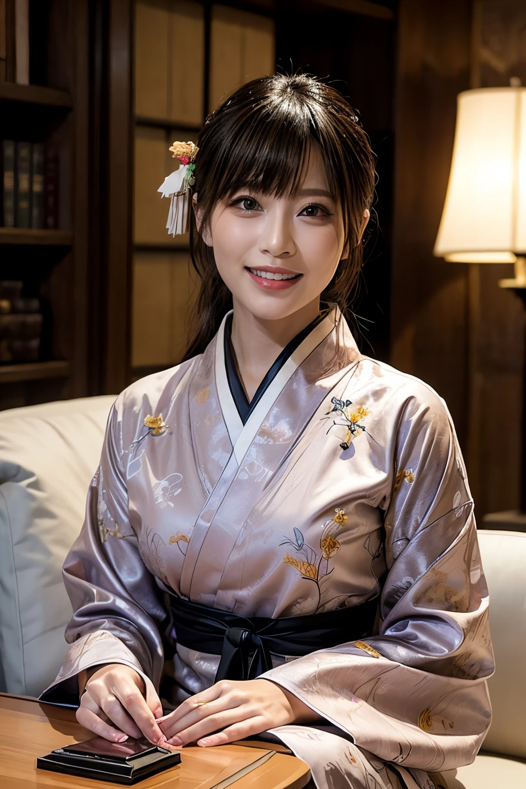 A refined lounge space with a harmonious atmosphere, softly lit by a chandelier. A beautiful slendar woman wearing a stunning kimono with elegant patterns, seated on a luxurious wooden sofa. She is holding a sake cup delicately, sipping it with a serene smile, while the table in front of her displays small plates of food and a sake bottle, blending traditional Japanese culture with modern sophistication. {realistic photo style}, {cinematic}, {dramatic}