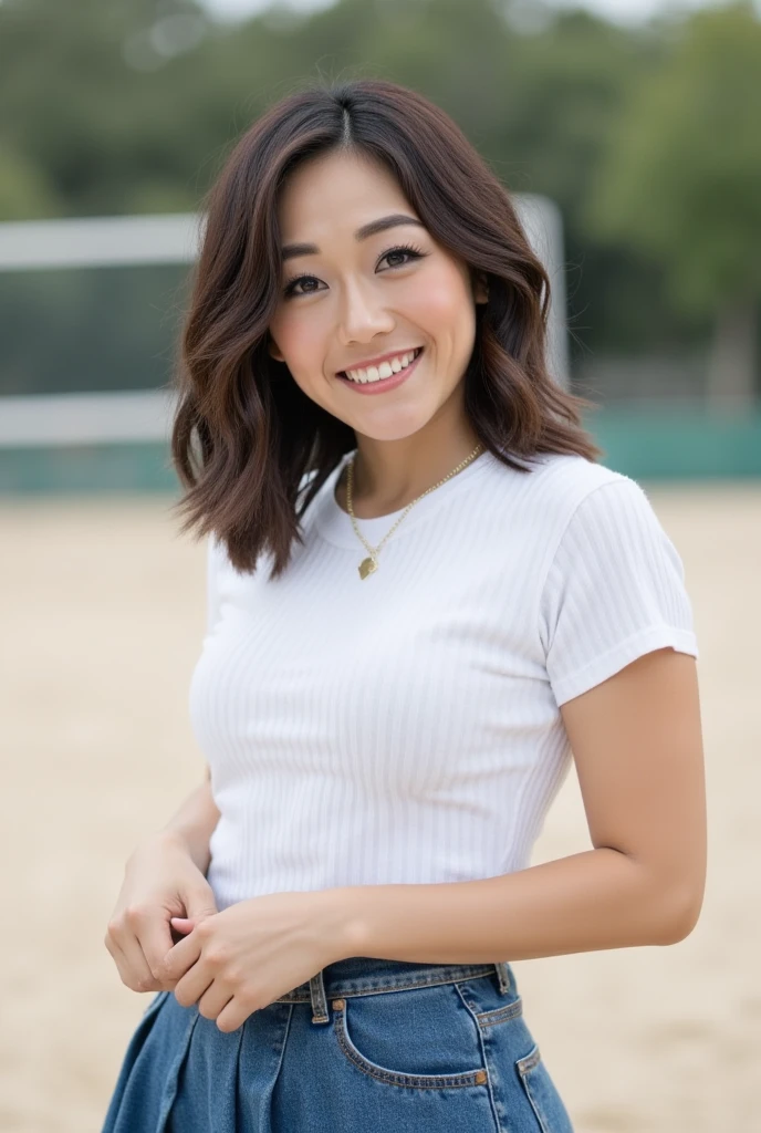 karfuku, on a volleyball field,  She has a , inviting smile, revealing her straight, white teeth with mid, wavy, dark brown hair cascading over her shoulders. She is wearing a white, tight, skin hugging, sports top, and denim Mid Rise Pleated Skirt. She accessorizes with a gold necklace with a heart pendant. full body, cowboy shot on a Sony Alpha 1 dslr 8k camera. there is a slight bokeh effect and film grain. she is looking at the viewer. Medium Breasts. Pale skin, fat