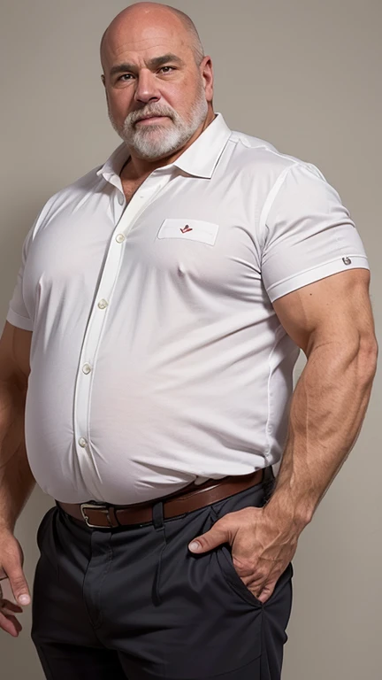 (best quality,4k,8k,highres,masterpiece:1.2), age 60, white man detective , horny disgusting, muscular chubby, kind, open blue polo shirt , mature daddy,black Dress Pants with big hard bulge, hairy chest hard nipple, belt, loafer,