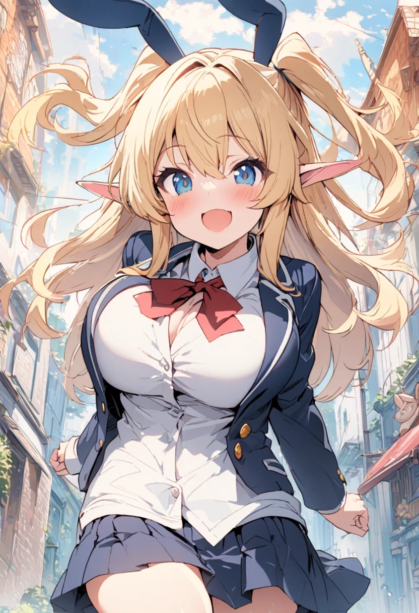 1girl, (rabbit ears elf girl), rabbit ears and elf ears, blond hair, two side up long hair, big female-melons, school blazer uniform, open mouth smile,masterpiece,best quality,ultra detailed, very aesthetic, hyper cute line style illustration, 