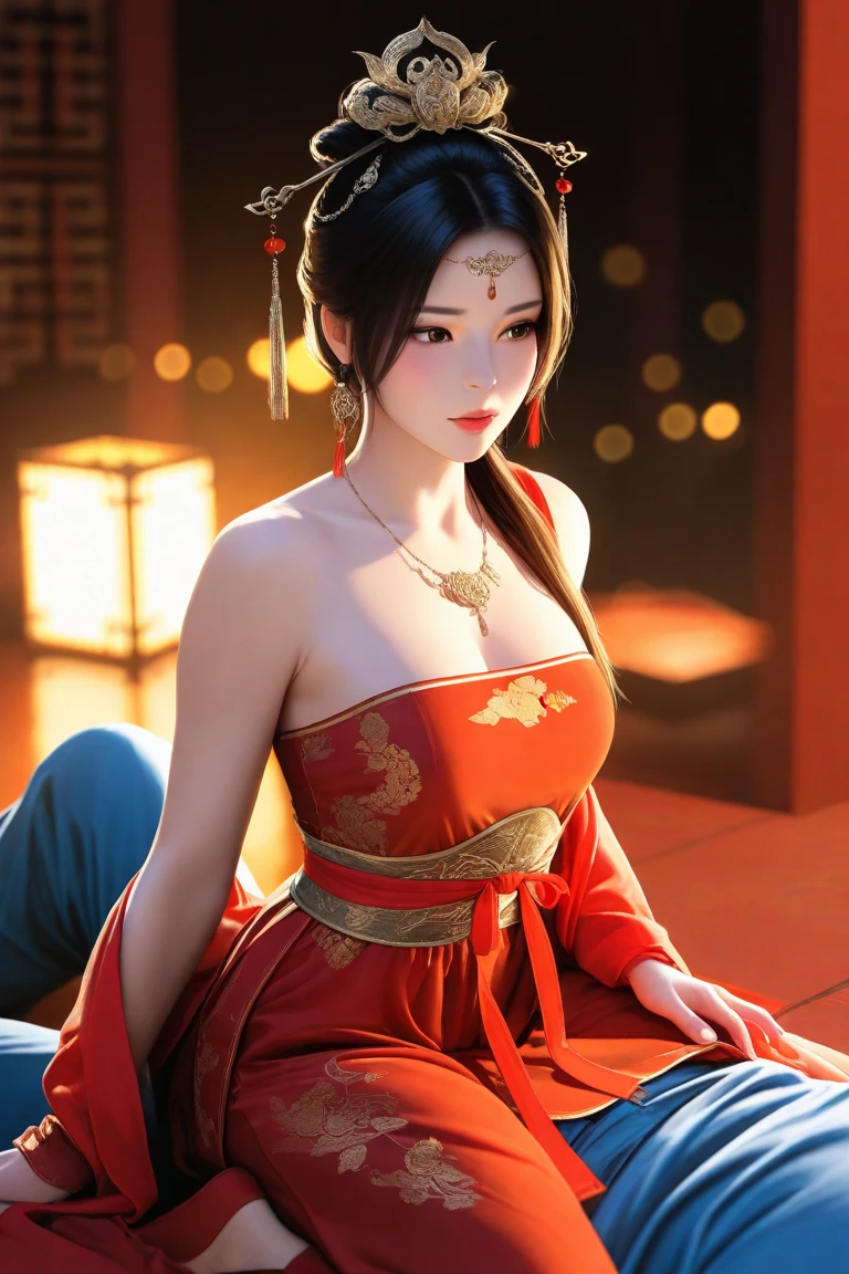 Close-up of a woman in a dress lying on a wooden floor, Japanese Goddess, Beautiful Chinese model, beautiful goddess, beautiful Asian girl, Sexy Girl, Fair, smooth and translucent skin, Chinese Girl, Asian girl, Attractive anime girl, Sexy pose, Beautiful fantasy queen, Beautiful and detailed body and face, Smooth white tights set, Light milky white porcelain skin